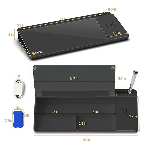 SELEAD Desktop Glass Whiteboard with Wireless Charger Station, Dry Erase Board Computer Pad Keyboard Stand with Organizer for Home, School, Office Desk Accessories, Black