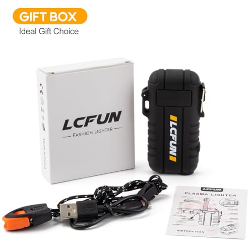 LcFun Electric Dual Arc Lighter USB Rechargeable, Windproof Plasma Lighters with LED Battery Indicator, Waterproof Flashlight Lighter with Whistle Lanyard for Camping, Survival Gear
