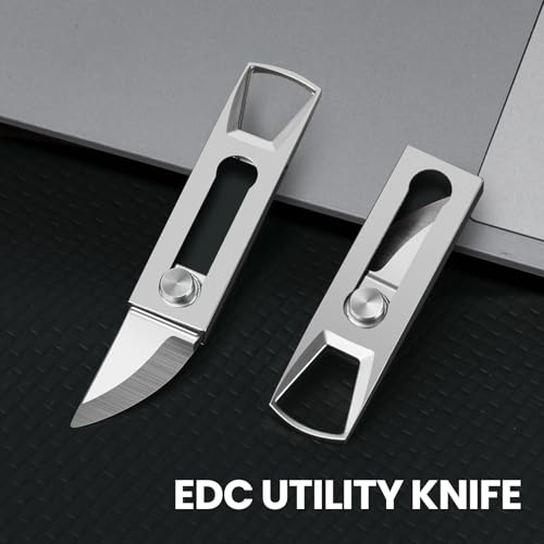 KAMBOLLY Small Keychain Knife, 2pcs Mini Keychain Box Cutter, Tiny Pocket Knives with Stainless Steel Blade, EDC Package Opener Safety Lock, Little Cutting Tool for Open Box, Cool Gadgets for Women Men