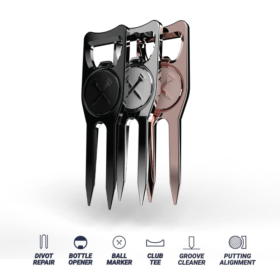 Blue Tees Golf 6-in-1 Premium Divot Tool & Ball Marker - Bottle Opener - Club Tee - Groove Cleaner - Putting Alignment - Designed to Be the Ultimate Tool for the Green - Black