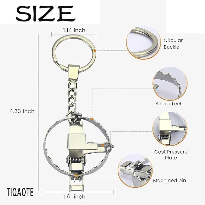 TAOHUAJIANG Mini Bear Trap Keychain - Funny & Cool Mouse Trap Gadget (Stainless Steel, Silver)