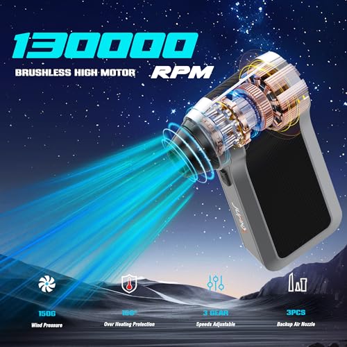 JUFINX Electric Air Duster-130000RPM Compressed Air Duster with Brushless Motor,3-Gear Speeds - Air Duster, 4pcs Nozzles - Mini Blower for Keyboard,Car,PC,Home Cleaning