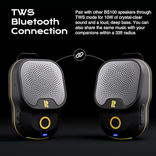 Rythflo Wearable Bluetooth V5.3 Speaker, 30H Working Time Clip-On Wireless Jobsite Water-Resistant TWS Portable Speaker, IPX7 Waterproof, Built-in ENC Mic for Hands-Free Music/Calls