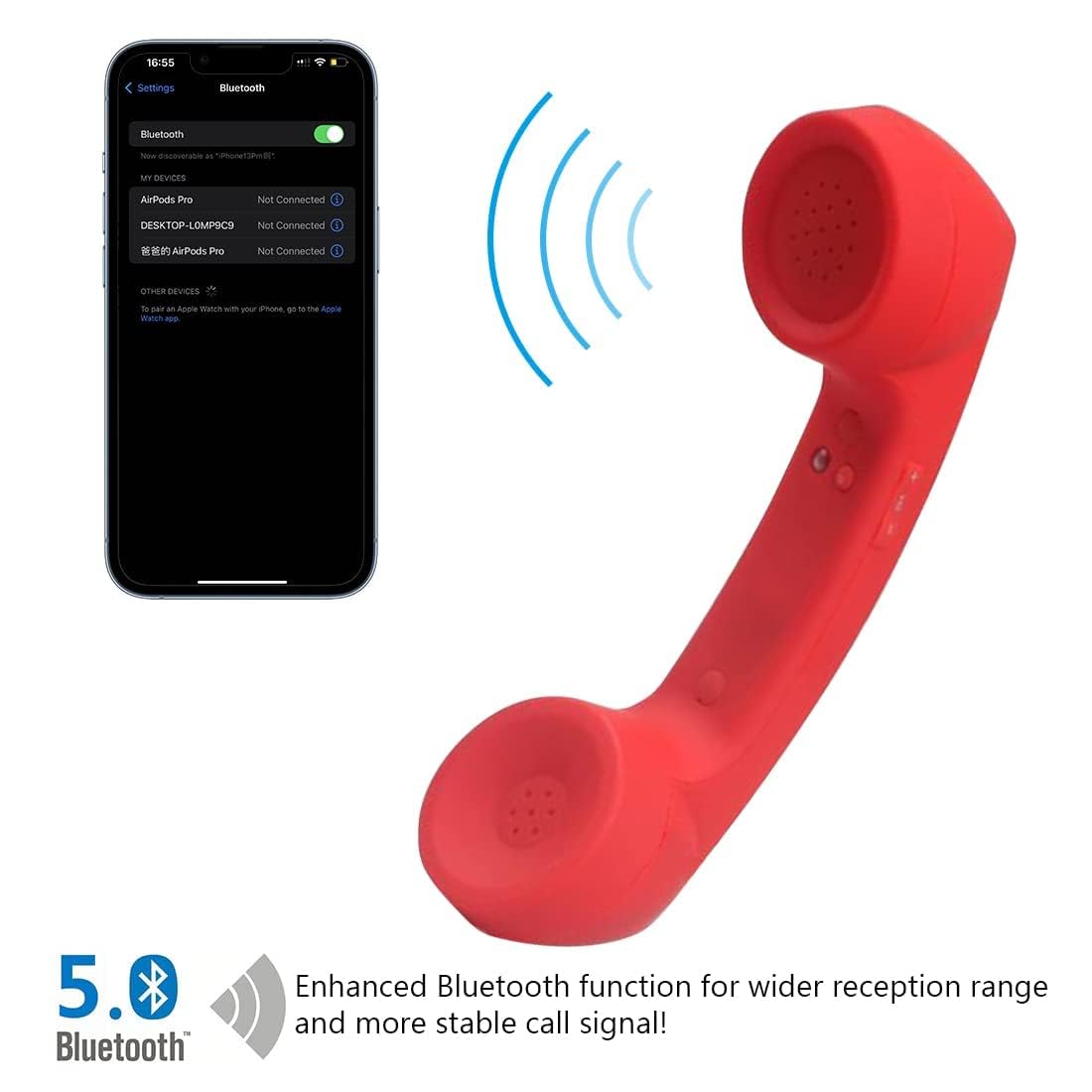 Retro Phone Handset with Wireless Bluetooth and USB Handsets for Cell Phones Radiation-Proof Comfortable Call (Red)