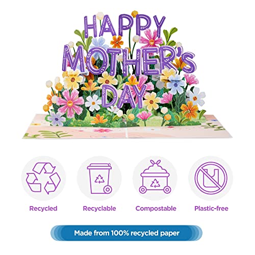 Paper Love Frndly 3D Happy Mothers Day Pop Up Card, Handcrafted - 100% Recycled and Eco-Friendly, 8" x 6" Cover - with Note Tag