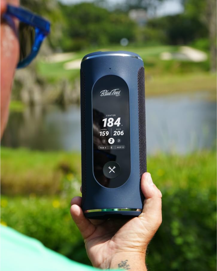 Blue Tees Golf Player+ GPS Speaker with Touch Screen Display, 10+ Hours Battery, 40,000+ Courses, Visual + Audible Distance, Hazard Distance - IPX7 Waterproof (Black)