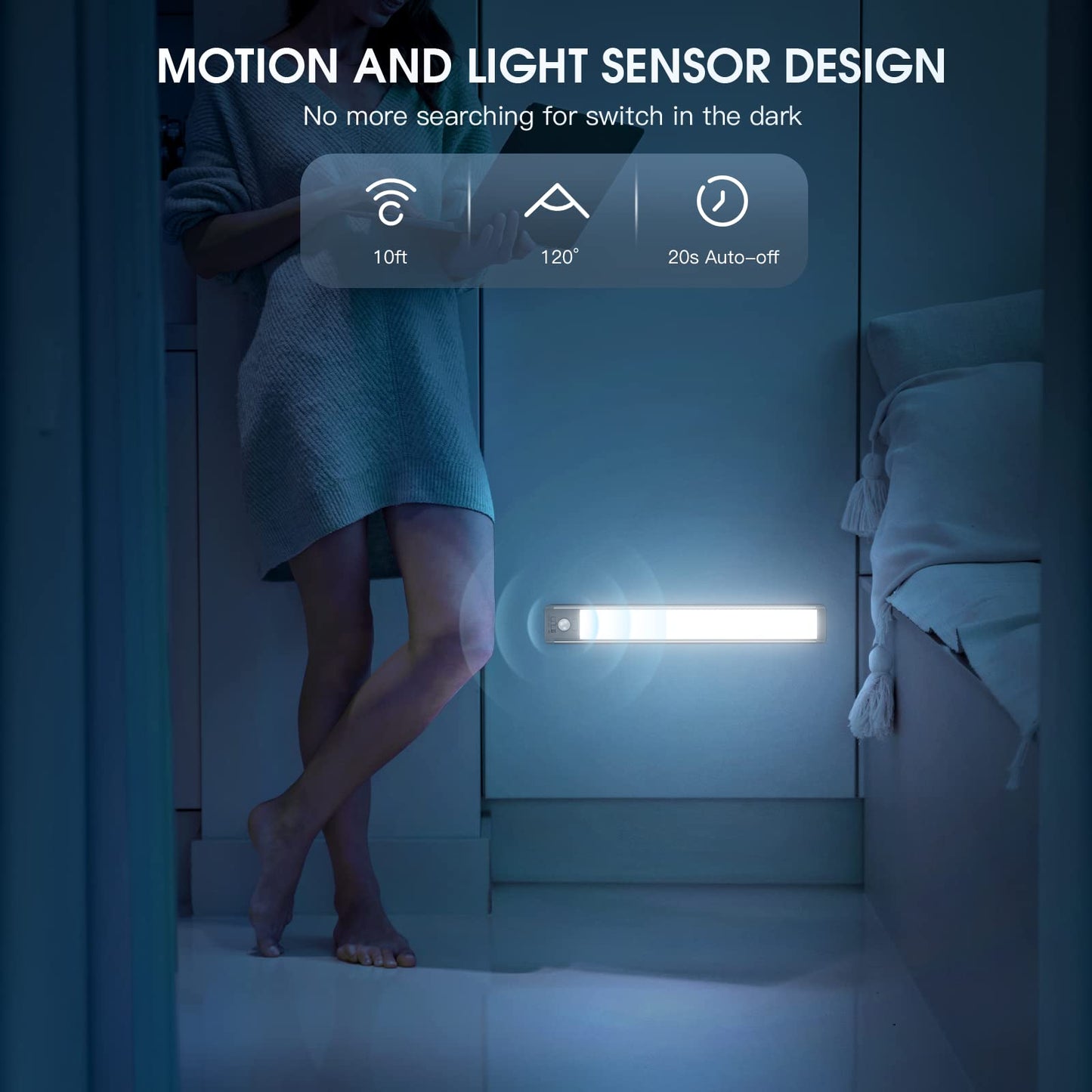 Under Cabinet Lighting,40 LED Rechargeable Battery Operated Motion Sensor Light Indoor, 2 Pack Magnetic Dimmable Closet Lights, Wireless Under Counter Lights for Kitchen, Stairs