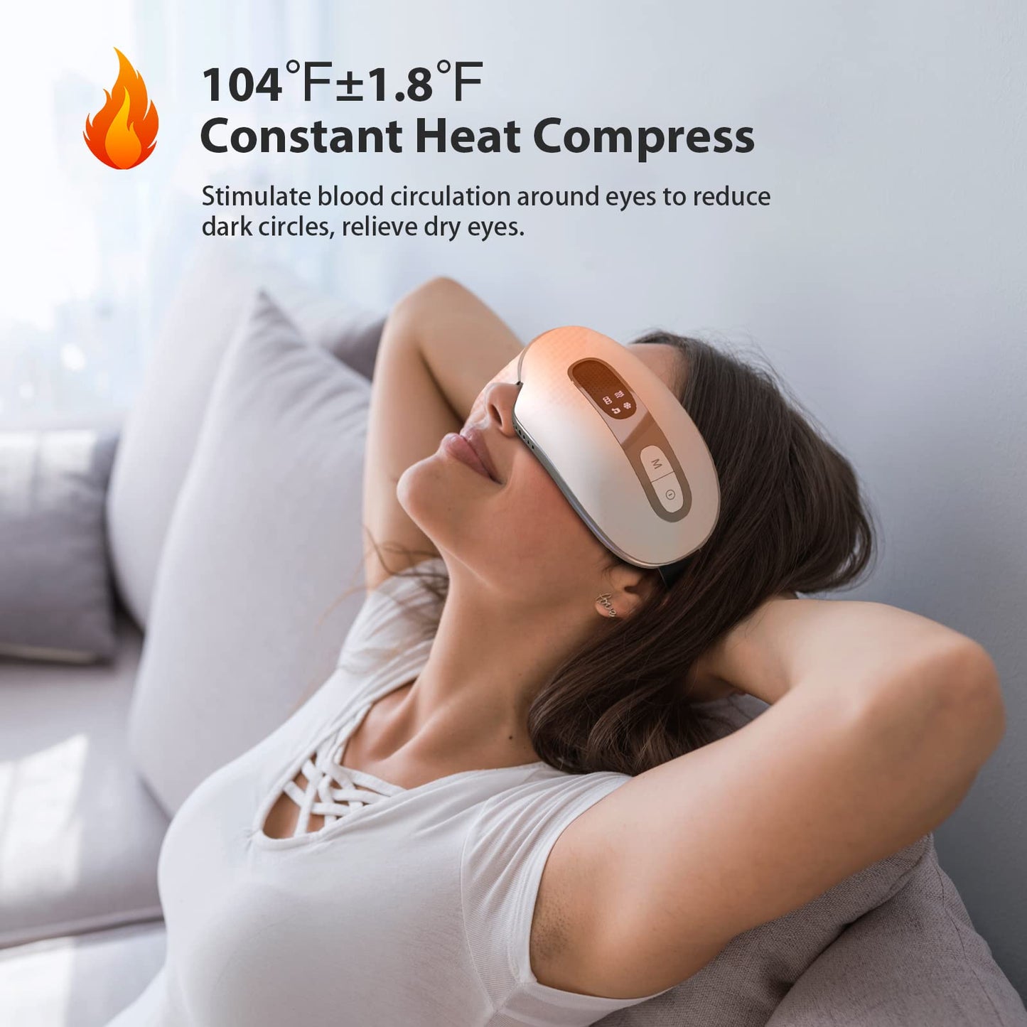 fmlave Eye Massager with Heat and Cooling for Migraines, Dry Eyes, Dark Circles, Rechargeable Bluetooth Music Heat Cold Eye Massager Improve Sleeping - Great Gifts for Woman and Man (White)