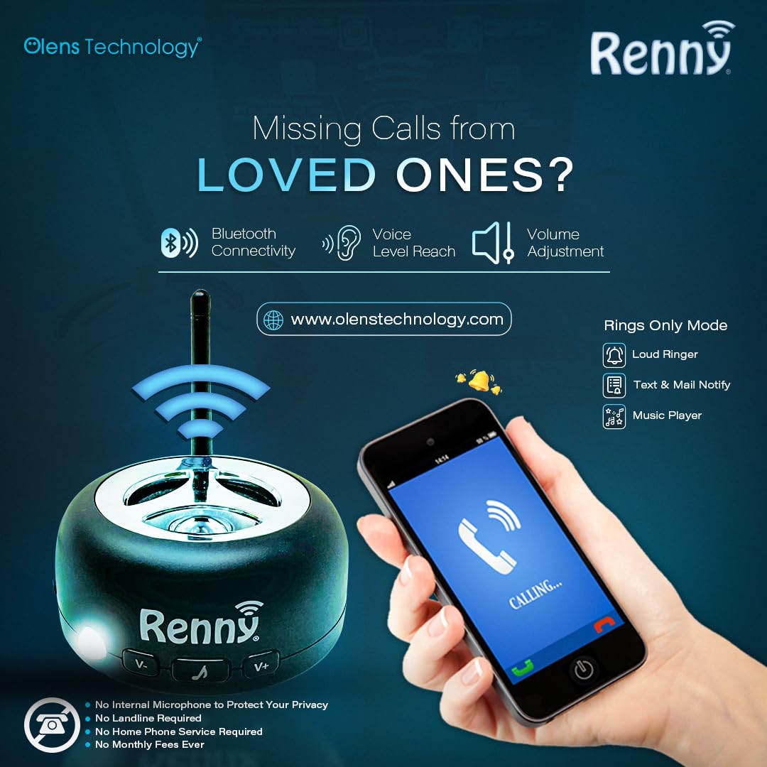RENNY - Loud Cell Phone Ringer, Amplifier & Flasher for Hearing Impaired & Noisy Environments (117dB) | Wireless Bluetooth Auto-Connect | 5 Selectable Ringtones | No Missed Calls