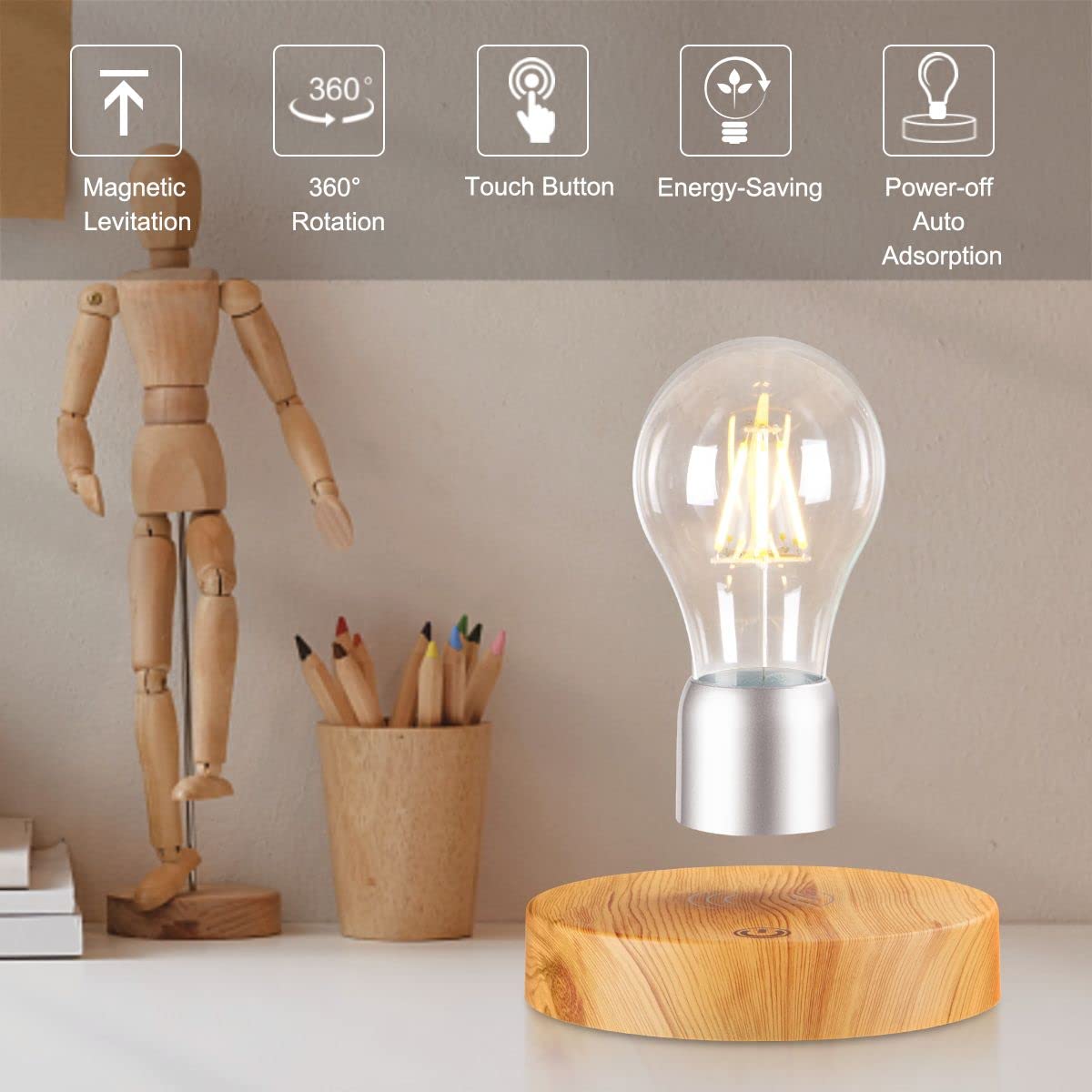 VGAzer Magnetic Levitating Floating Wireless LED Light Bulb Desk Lamp for Unique Gifts, Room Decor, Night Light, Home Office Decor Desk Tech Toys (Round Wooden Base.)