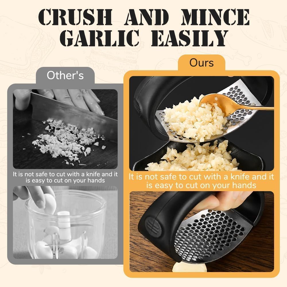 IKAROJSFII 2025 Upgraded Stainless Steel Garlic Crusher, Garlic Press Rocker Garlic Mincer Masher Home Kitchen Gadgets Utensils Portable Manual Garlic Grater (1, black)