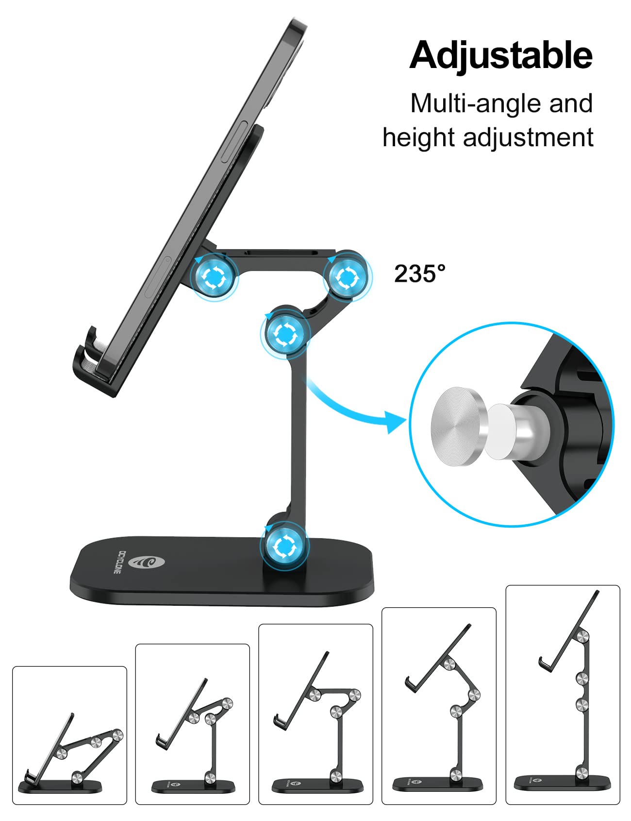 OCYCLONE Phone Stand, Adjustable Height and Angle Foldable Cell Phone Stand Holder for Desk, Taller iPhone Stand Compatible with 4.7"-13" Smartphones iPad Tablet, Black