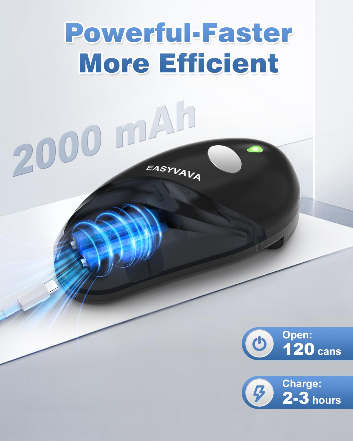 Easyvava Rechargeable Electric Can Opener for Seniors, One-Touch Automatic Can Openers Smooth Edge for Kitchen,with 2000mAh Battery,Handsfree Portable for Any Size Cans (Black)