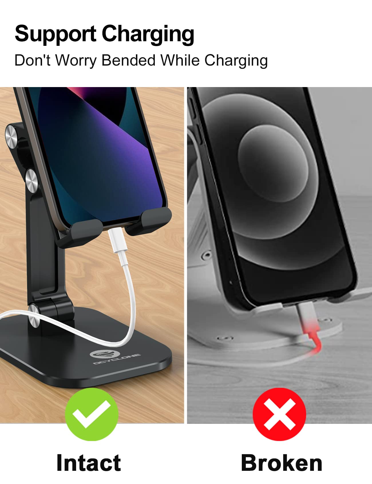 OCYCLONE Phone Stand, Adjustable Height and Angle Foldable Cell Phone Stand Holder for Desk, Taller iPhone Stand Compatible with 4.7"-13" Smartphones iPad Tablet, Black