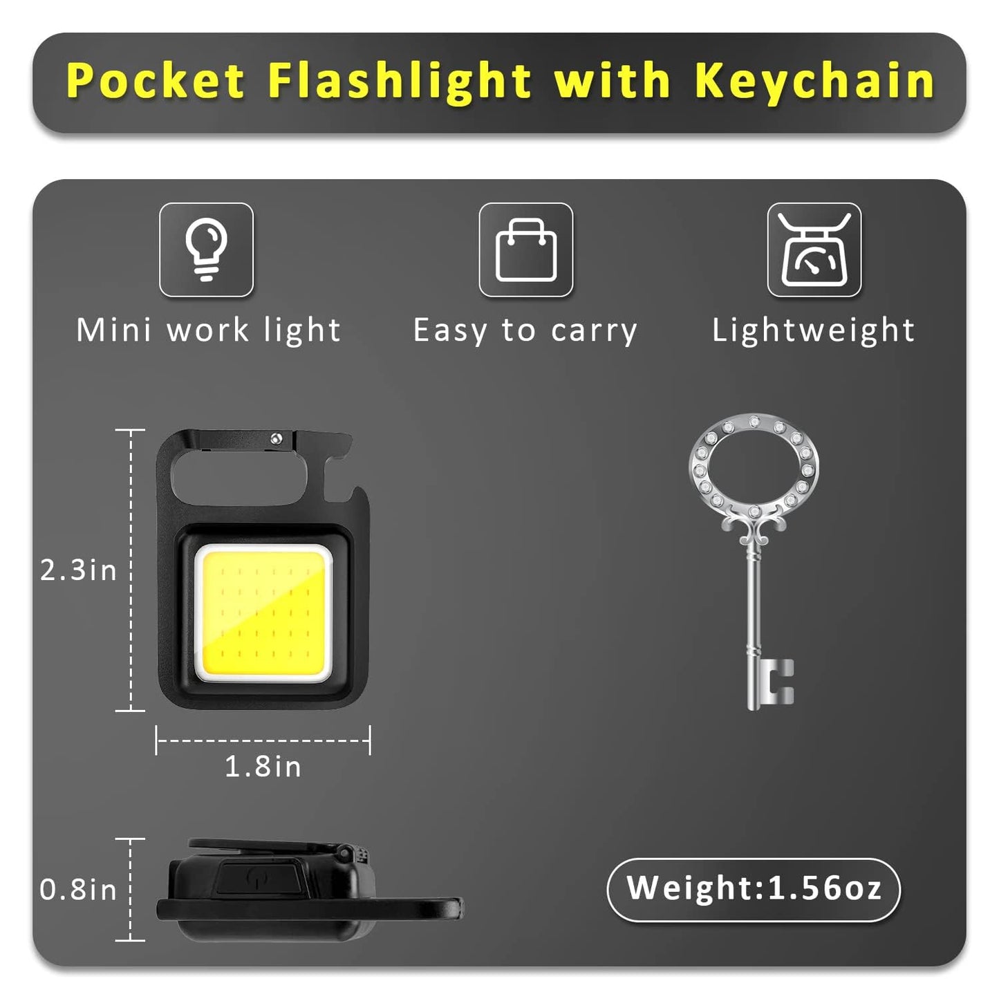 MAKDAK Cob Keychain Work Light Keychain Flashlights 4 Light Modes,Keychain Light Emergency Light with Folding Bracket Bottle Opener for Fishing,Camping and Walking 2Pack