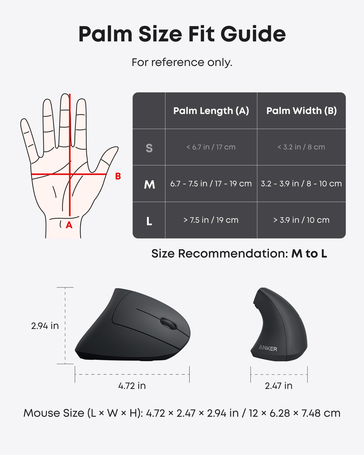 Anker 2.4G Wireless Vertical Ergonomic Optical Mouse For Work, Multi-Device Connectivity, 800 / 1200 /1600 DPI, 5 Buttons for Laptop, Desktop, PC - Black