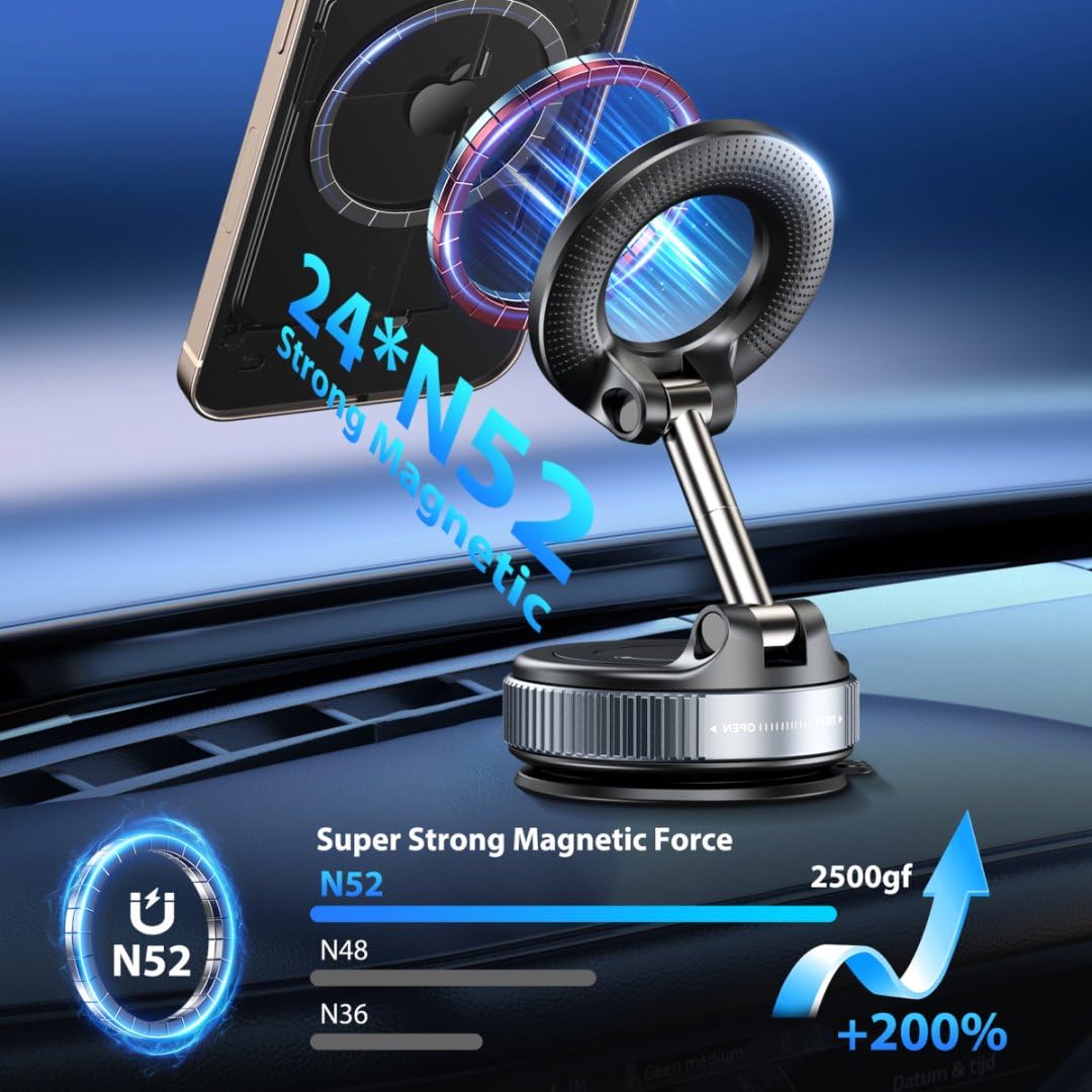 CreaDream Car Phone Mount for Magsafe, Ultra Strong Vacuum Magnetic Suction Cup Cell Phone Holder with 360° Rotation, Foldable Phone Holders for Your Car, Car Accessories for All Smartphones(Black)