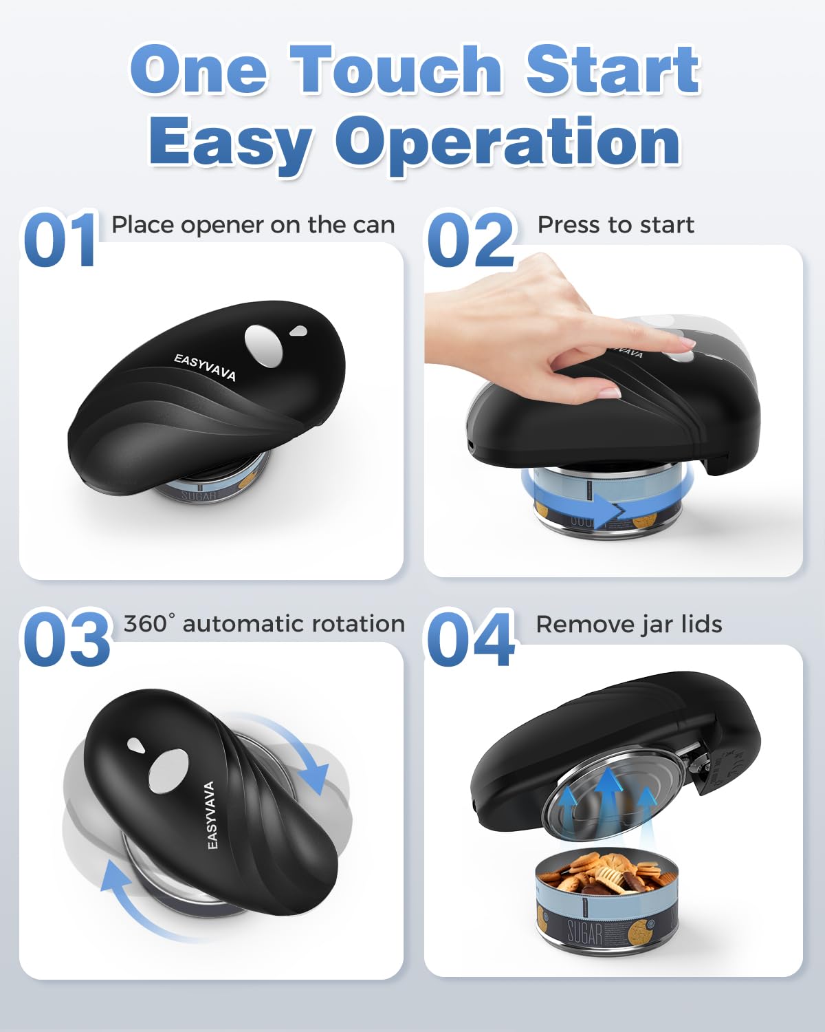 Easyvava Rechargeable Electric Can Opener for Seniors, One-Touch Automatic Can Openers Smooth Edge for Kitchen,with 2000mAh Battery,Handsfree Portable for Any Size Cans (Black)