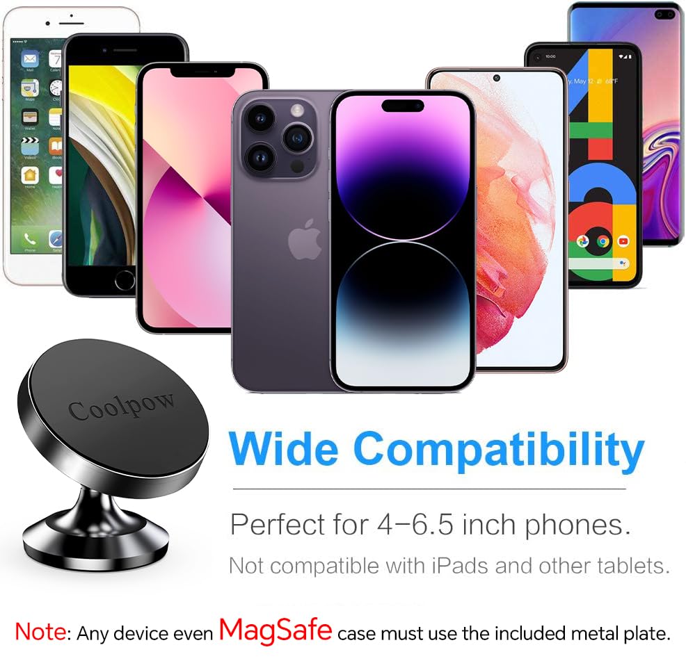 Coolpow 【2-Pack】 Magnetic Phone Holder for Car Phone Holder Mount【Strong Magnet】 Phone Mount for Car Mount for iPhone Magnetic Car Phone Holder【4 Plate】 Cell Phone Holders for Your Car Accessories