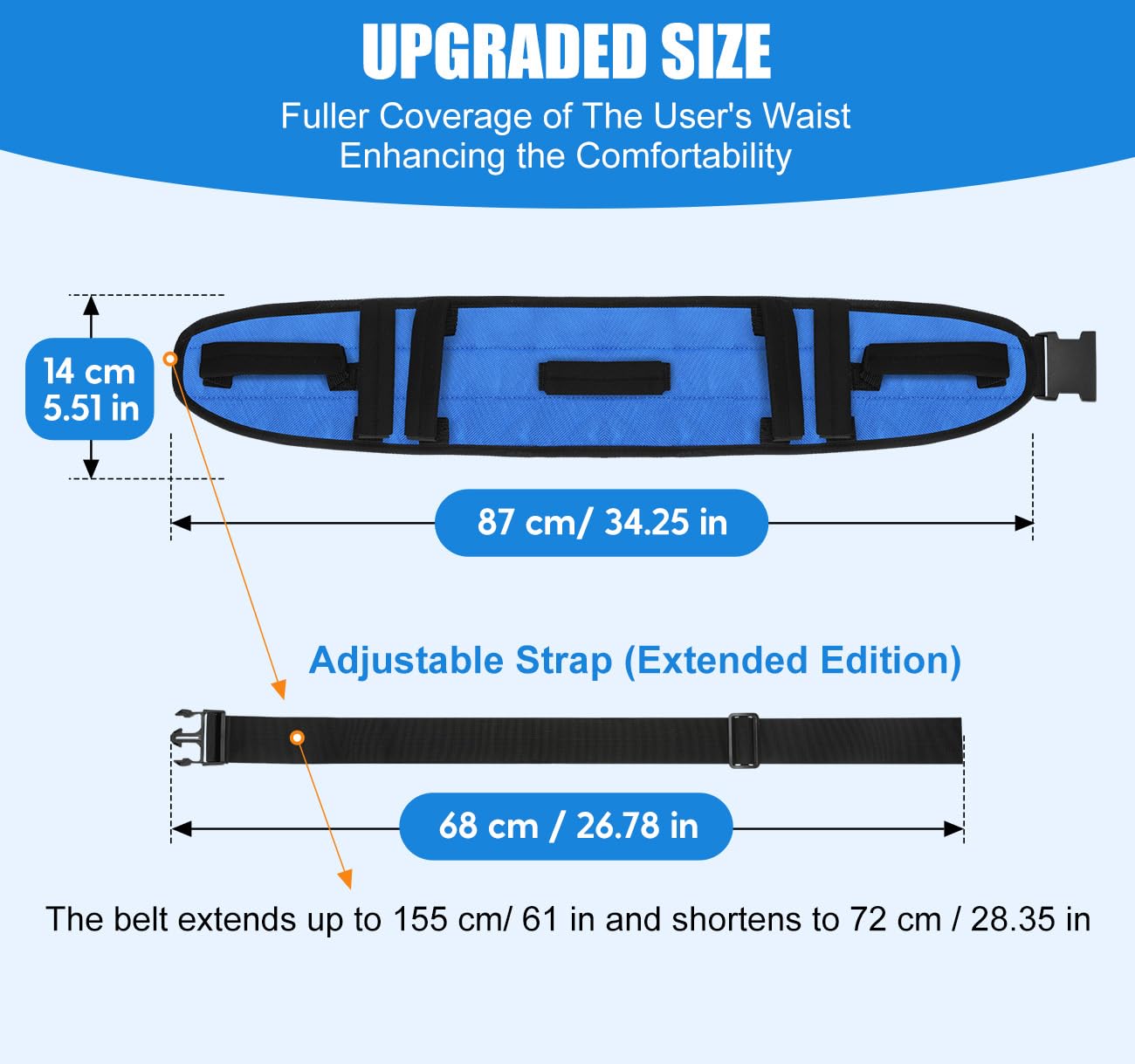 Gait Belt for Senior with 7 Handles, Rhino Valley 59" Anti-Slip Gate Belts Medical for Elderly, Transfer Belt with Quick Release Buckle, Elderly, Physical, Handicap, Bariatric Therapy, Blue & Black