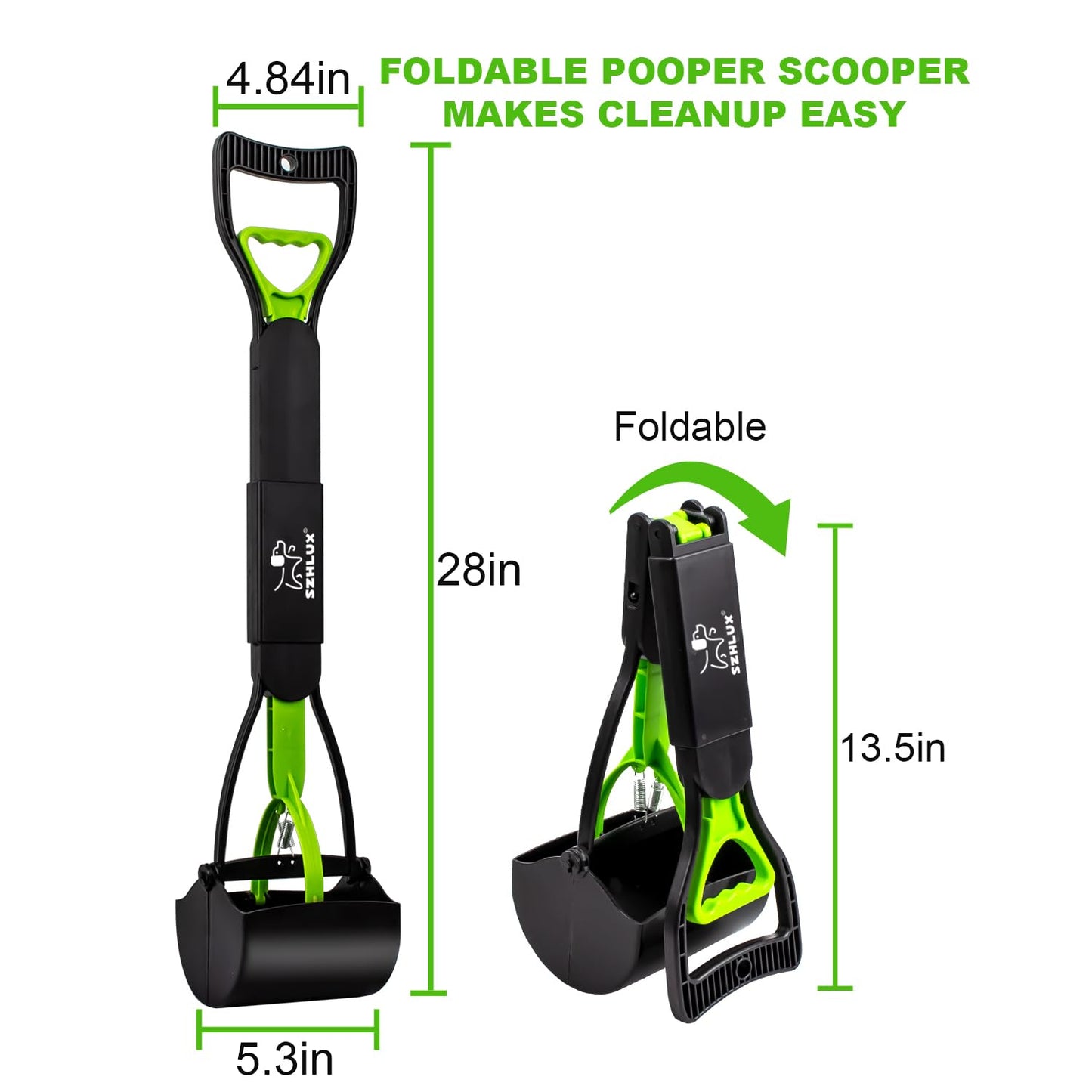 SZHLUX 28" Pooper Scooper, Foldable Dog Pooper Scooper with Unbreakable Material and Durable Spring for Grass and Gravel, Green