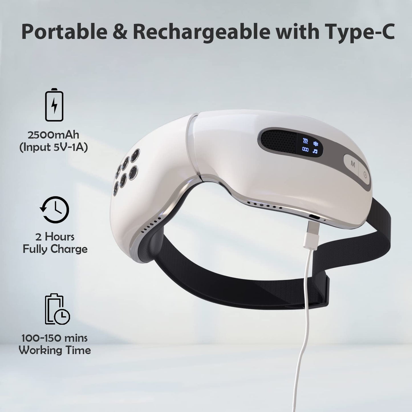 fmlave Eye Massager with Heat and Cooling for Migraines, Dry Eyes, Dark Circles, Rechargeable Bluetooth Music Heat Cold Eye Massager Improve Sleeping - Great Gifts for Woman and Man (White)