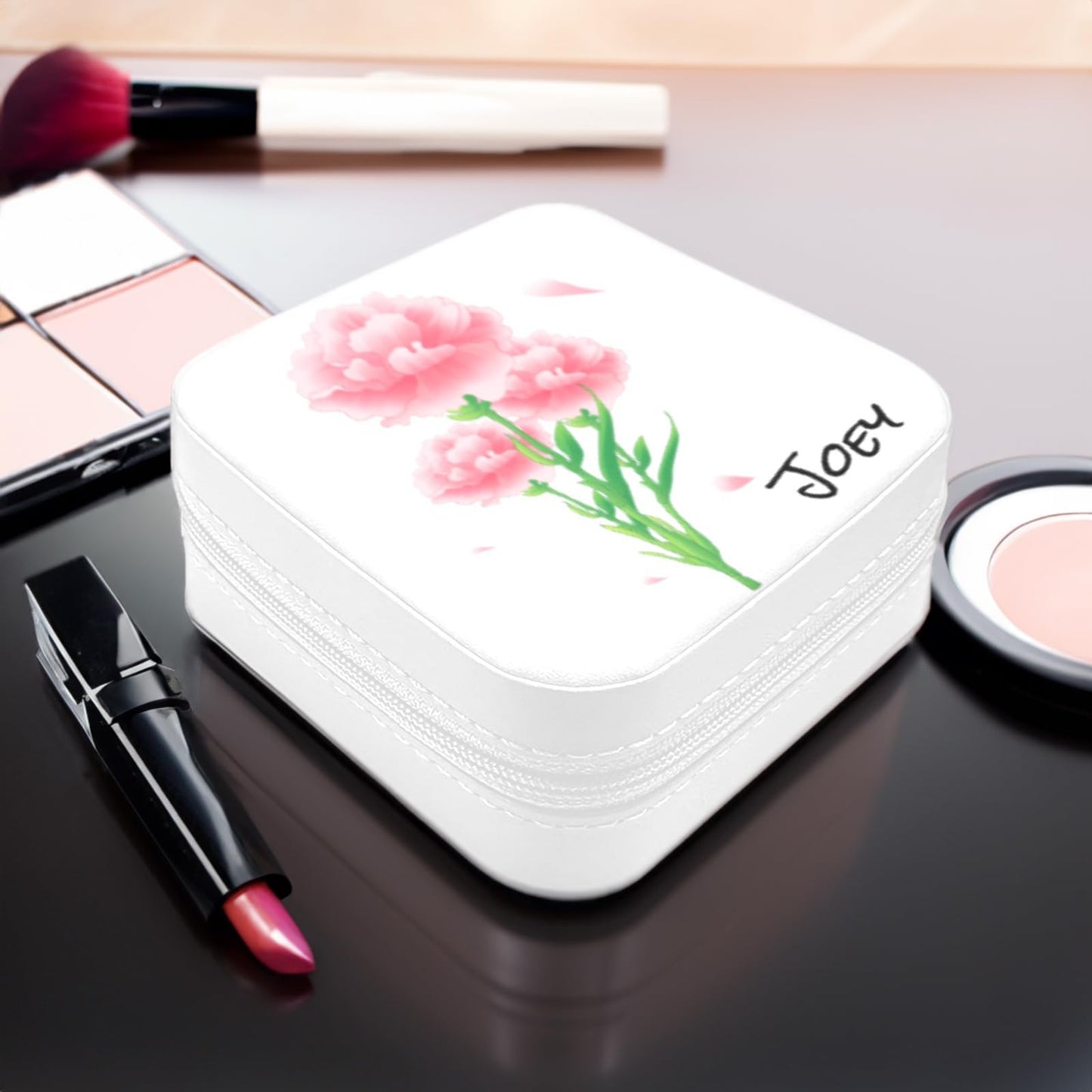 Personalized Jewelry Box With Name and Flower Custom Travel Leather Jewelry Organizer Box for Women Maid of Honor Gifts Birthday Valentine's Day Christmas Gifts for Girls Girfriend Mom