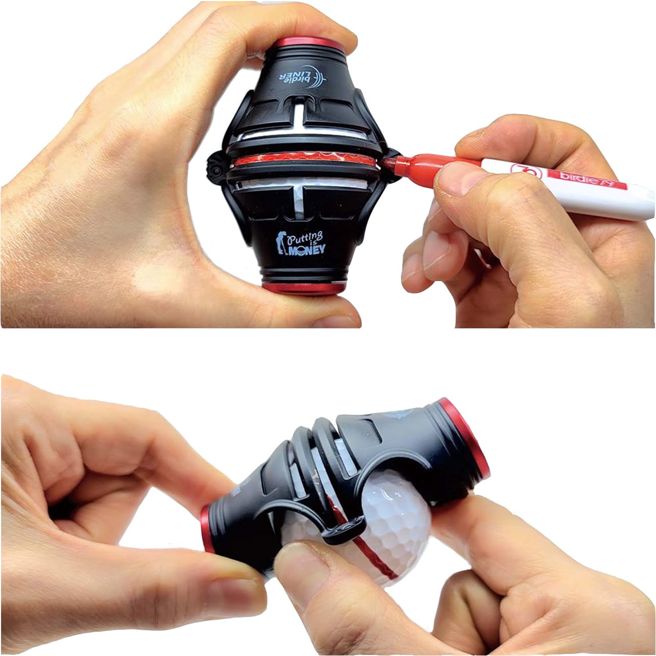 BIRDIE79 Birdie Liner Black Golf Ball Marker Alignment Tool Kit - 360-Degree Triple Line Stencil with 3-Color Pens and Gift Box - Premium Quality