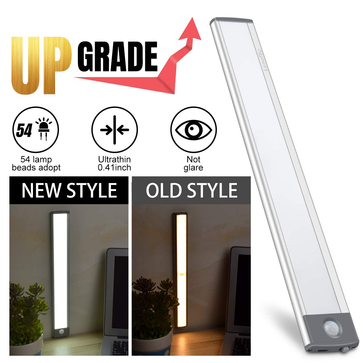 LEPOTEC 54-LED Motion Sensor Cabinet Light,Under Counter Closet Wireless USB Rechargeable Kitchen Night Lights,Battery Powered for Wardrobe,Cabinet,Cupboard(Warm Light)-2Pack