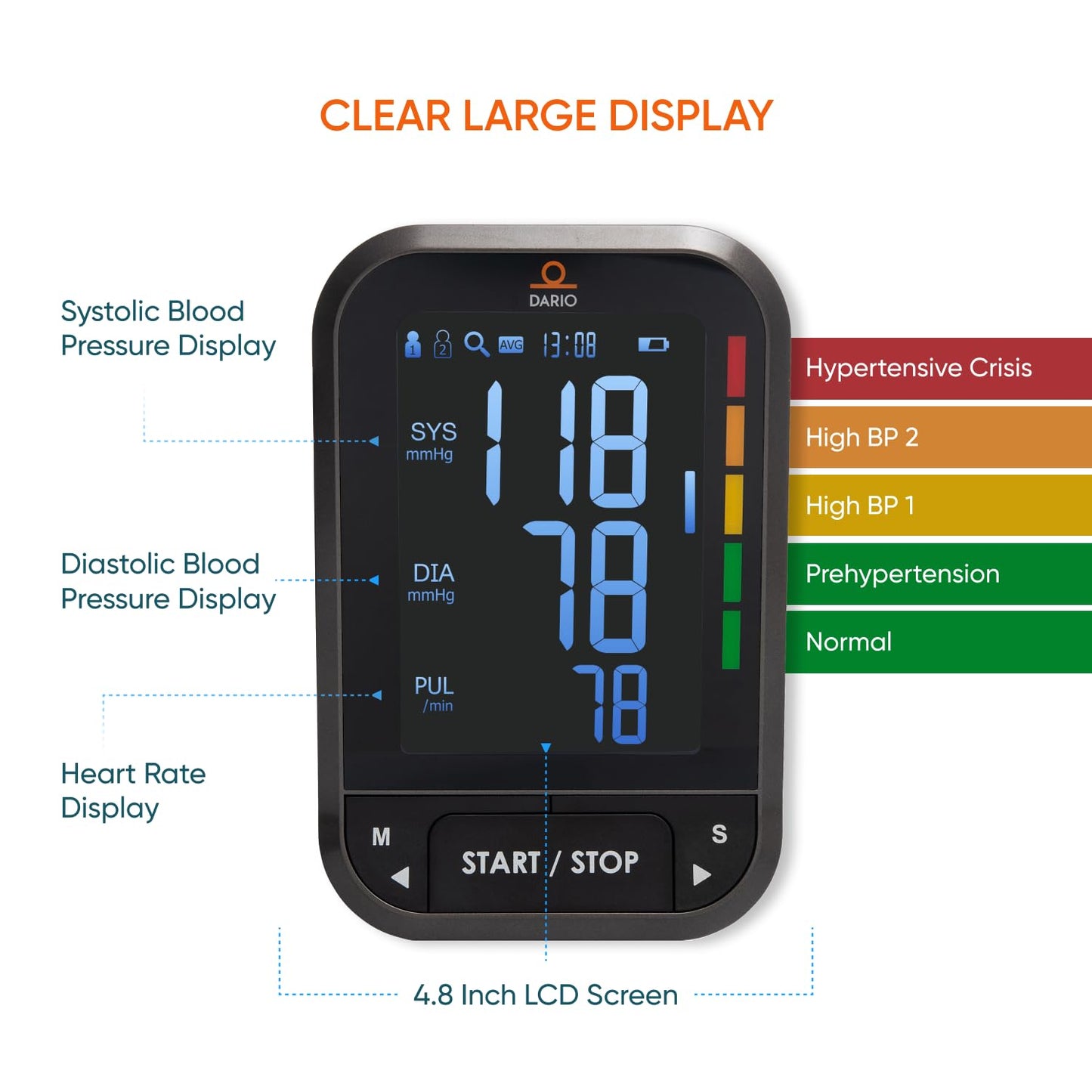 Dario Blood Pressure Monitor for Home Use Gen2 Automatic Machine, LCD Backlit Display, Large Adjustable Arm Cuff (8.75-16.5in) Smart Bluetooth App & Carry Case