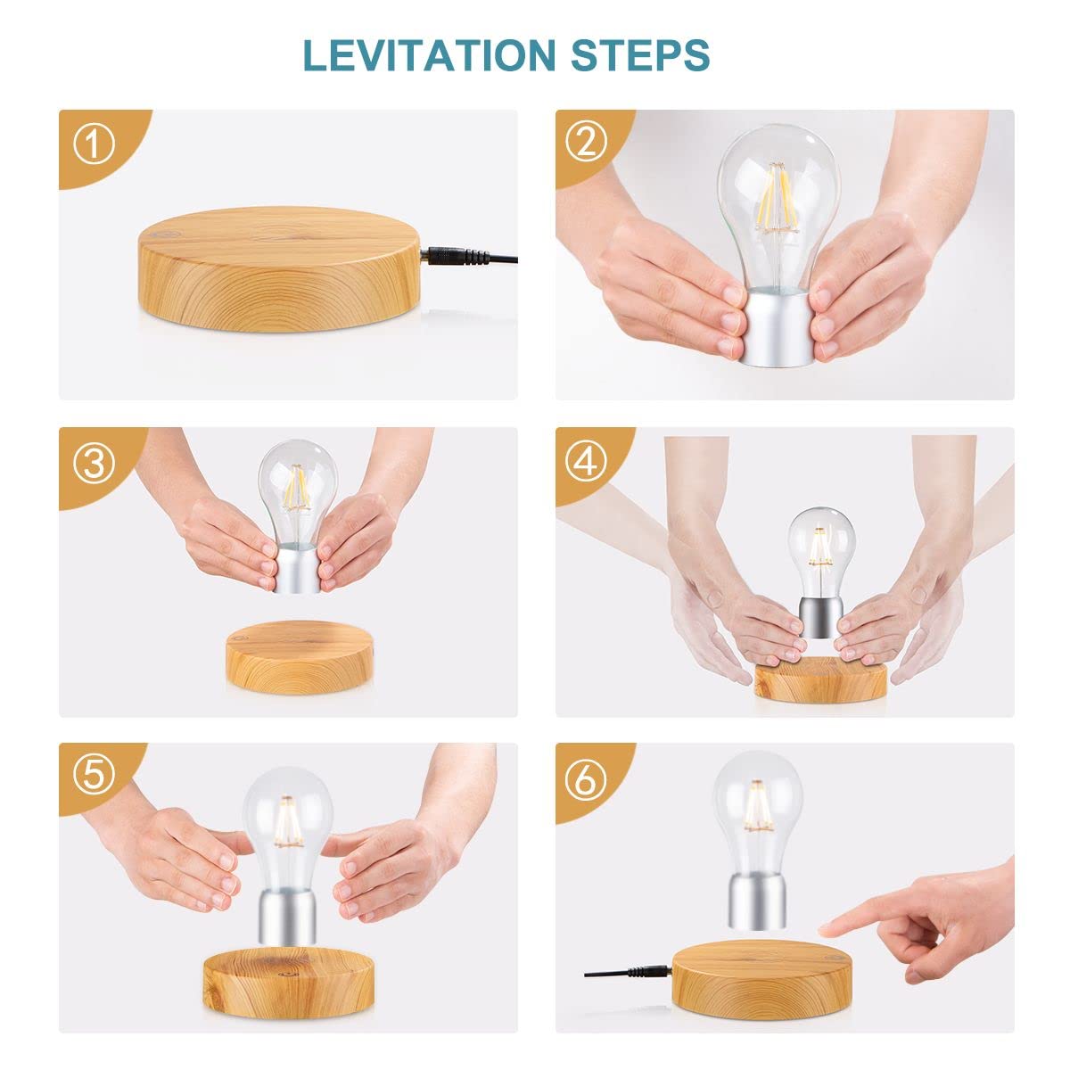 VGAzer Magnetic Levitating Floating Wireless LED Light Bulb Desk Lamp for Unique Gifts, Room Decor, Night Light, Home Office Decor Desk Tech Toys (Round Wooden Base.)