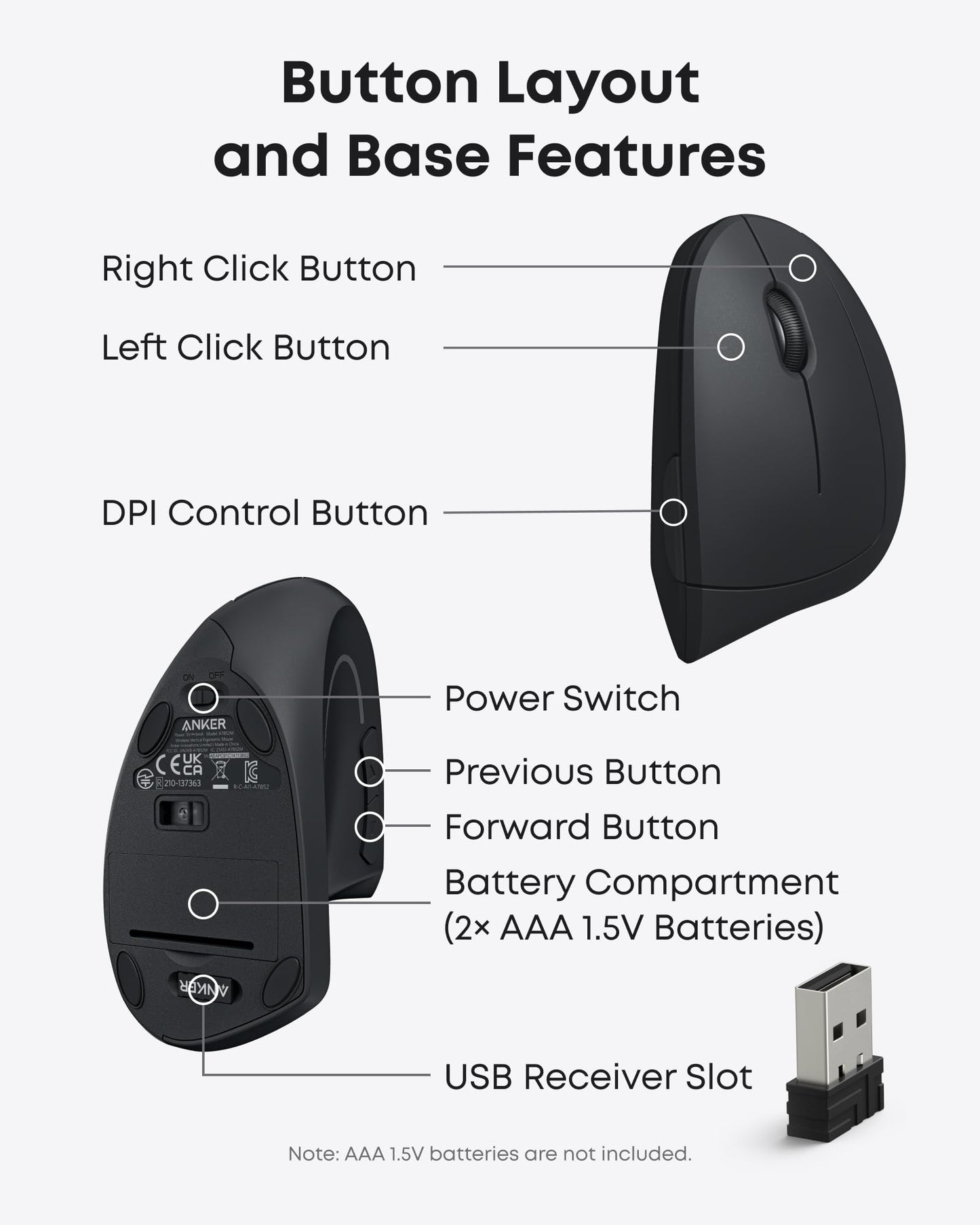 Anker 2.4G Wireless Vertical Ergonomic Optical Mouse For Work, Multi-Device Connectivity, 800 / 1200 /1600 DPI, 5 Buttons for Laptop, Desktop, PC - Black