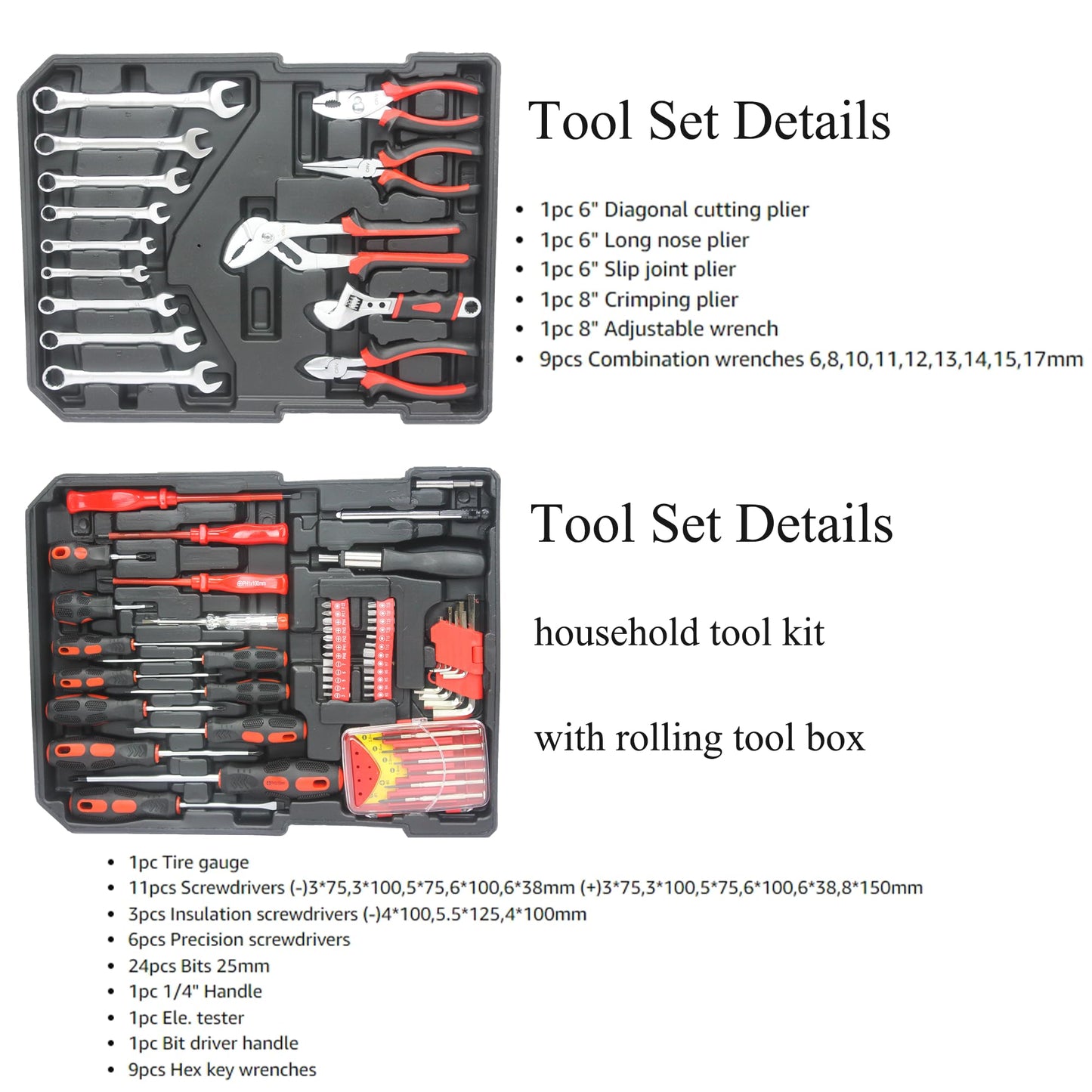 Campfun 899PCS Tool Set, Household Tool Kit with Rolling Tool Box, Complete Tool Box Set Hand Tool Set with Tool Box, Mechanic Tool Set Rolling Tool Set for Home/Auto Repair Tool Set, Black