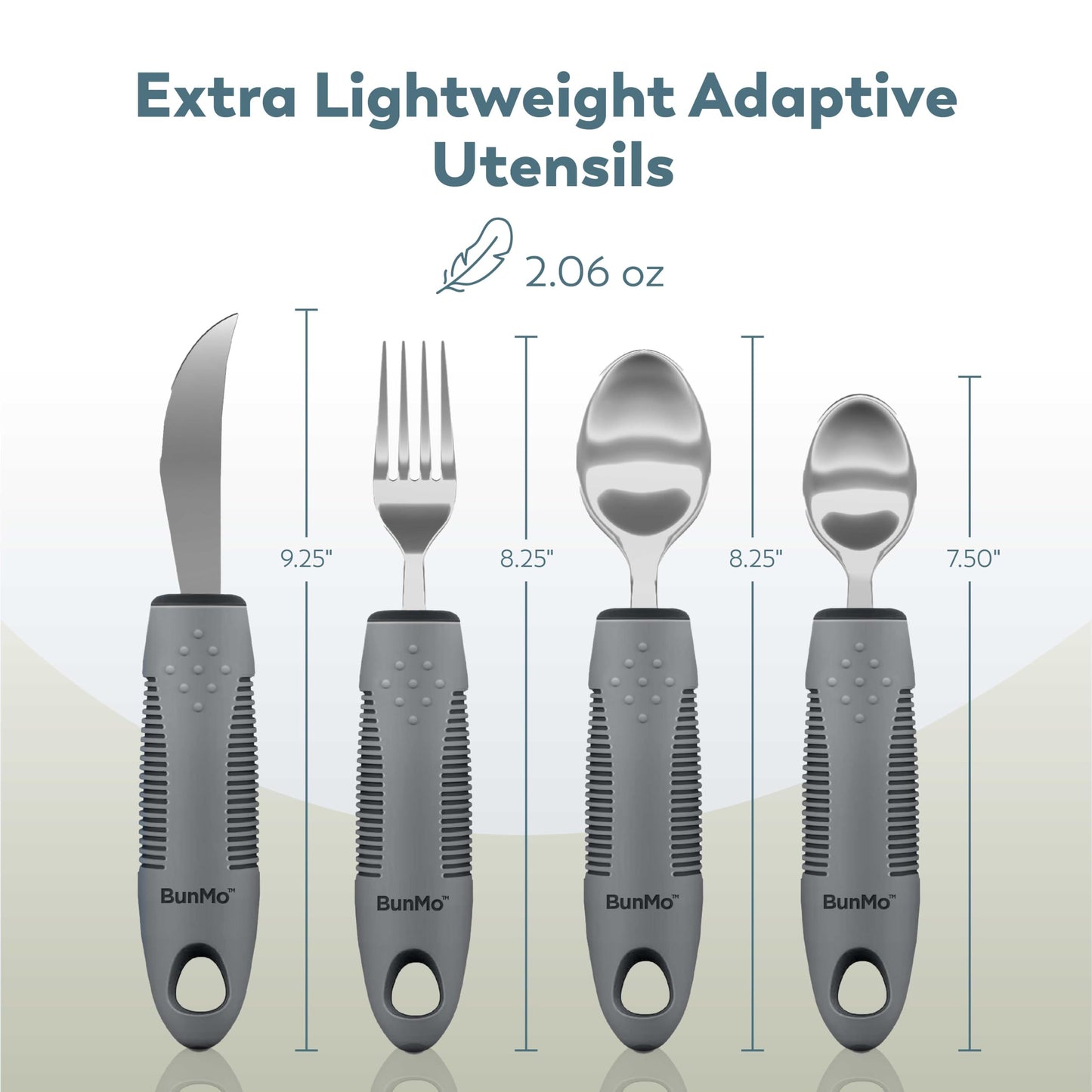 BUNMO Utensils for Elderly, Arthritis, Weak Hand Grip, Tremors & Handicapped - Convenient Travel Pouch - 2.6oz Lightweight - Stainless Steel - Eat Independently - Adaptive Gray 4 Piece Set