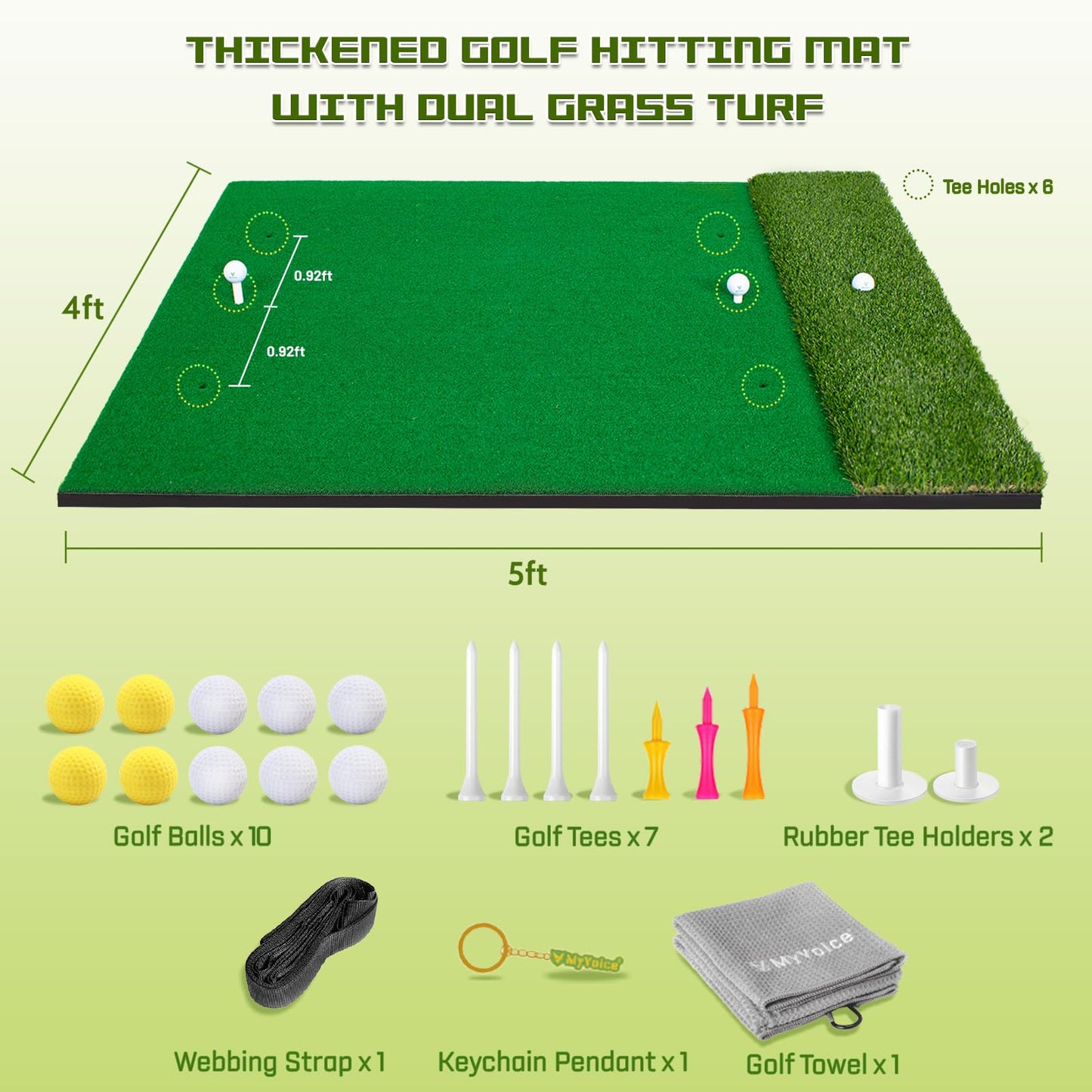 MyVoice Golf Hitting Mat - Pro 5x4ft | Premium Indoor/Outdoor Training Mat for Chipping, Swing, Driving | 2 Grass Turf Options, Thickened Design (21/45mm) | High-Elastic, Non-Slip Base