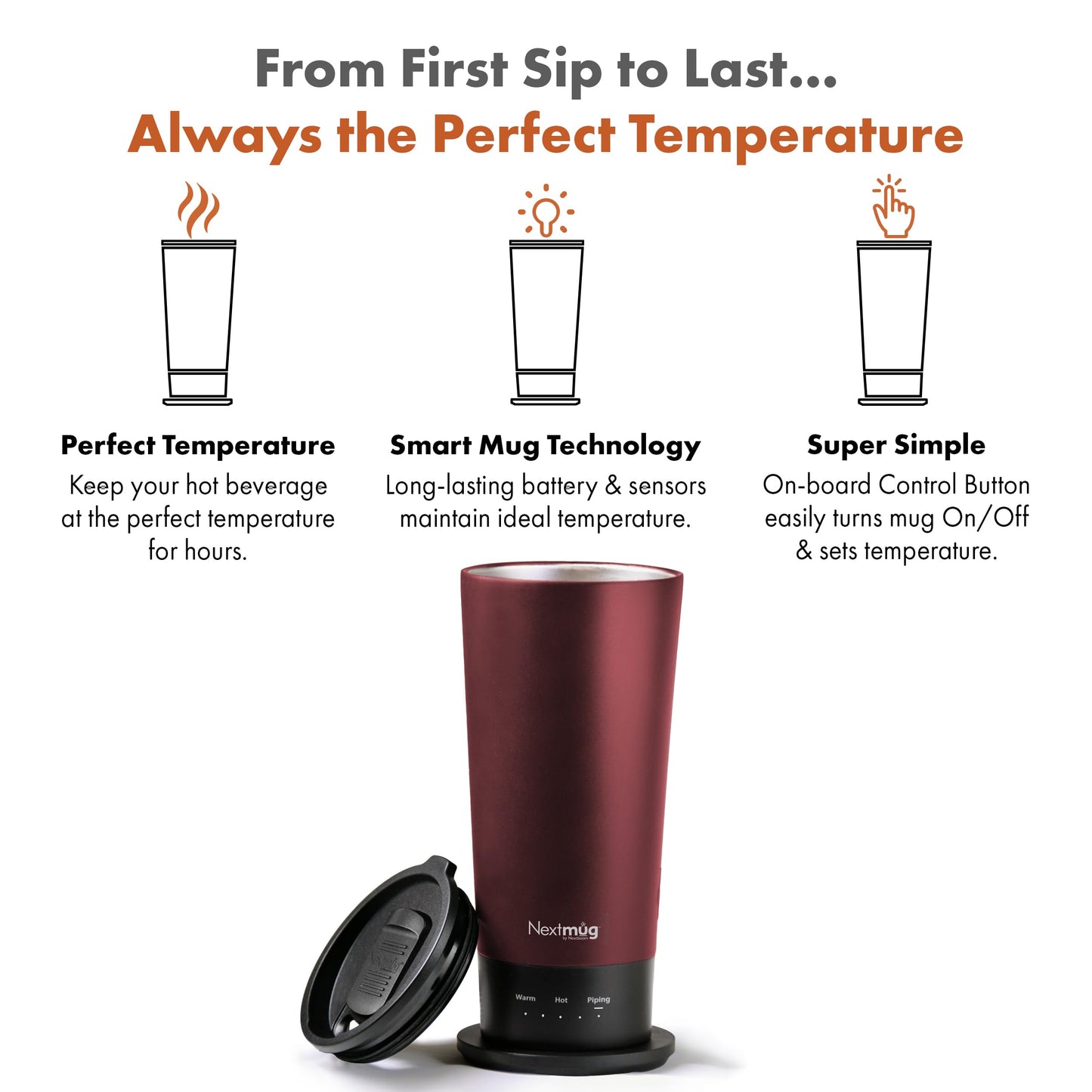 Nextmug Go - Temperature-Controlled, Self-Heating Travel Mug (Burgundy - 16 oz.)