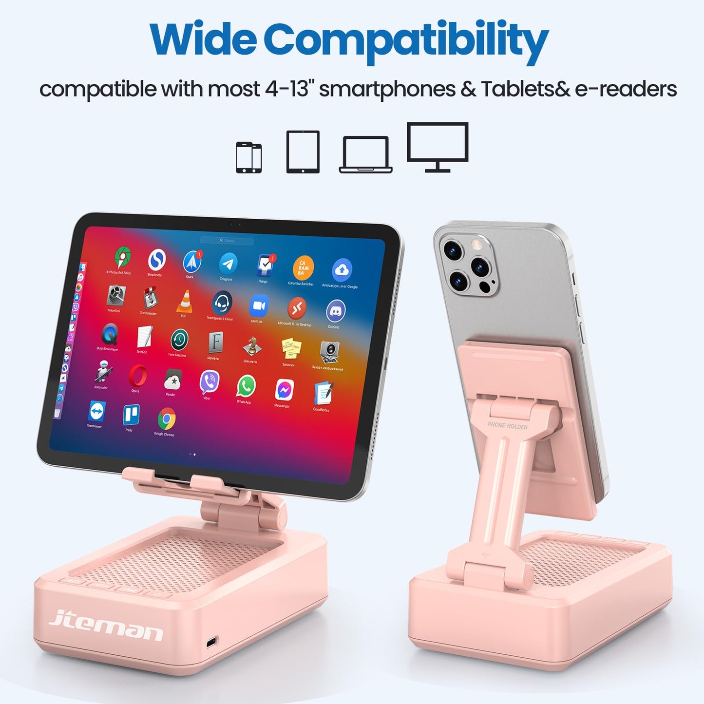 JTEMAN Portable Wireless Bluetooth Speakers with Phone Stand,Gifts for Women and Men,Birthday Christmas for Women Men,Kitchen Gadgets for Men,Compatible for iPhone/Samsung/Mini iPad - Pink