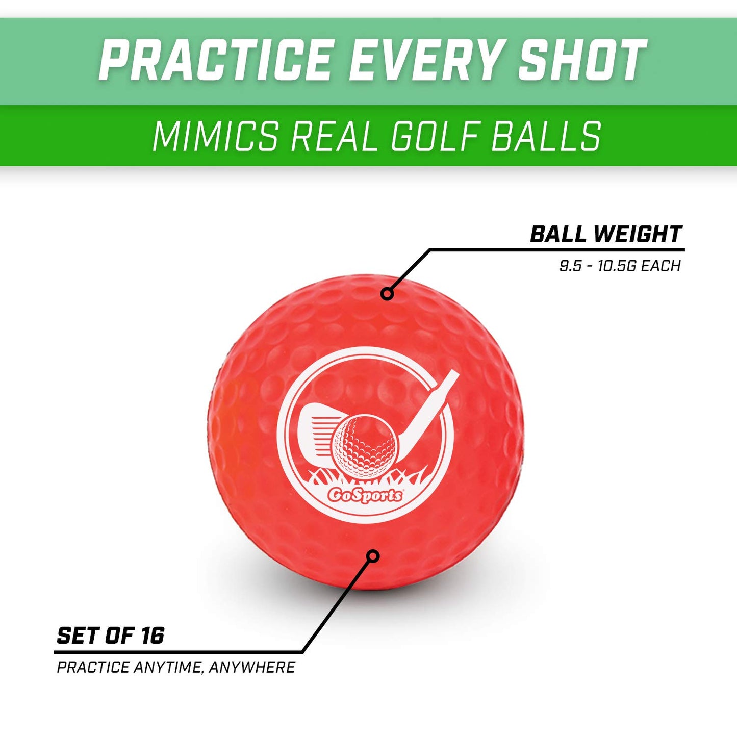 GoSports Foam Golf Practice Balls - 16 Pack Realistic Feel and Limited Flight Use Indoors or Outdoors