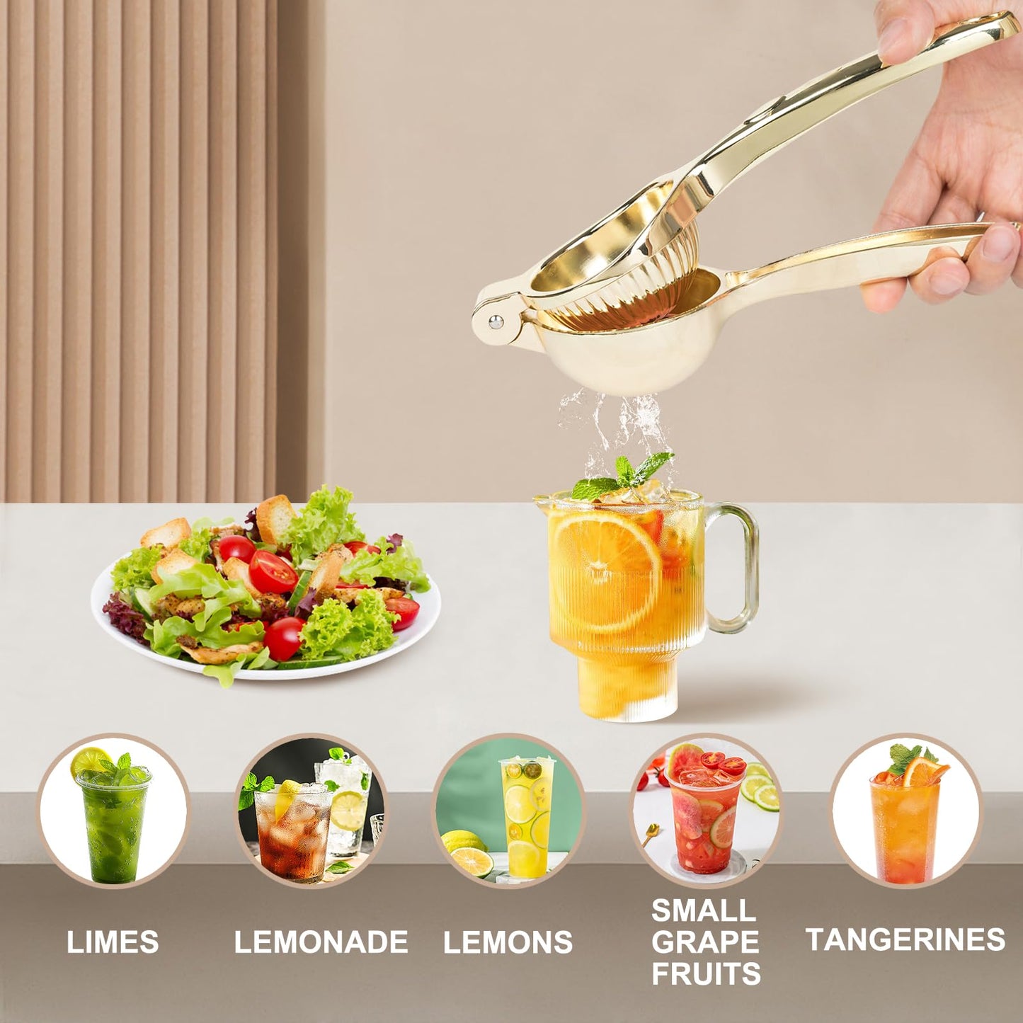 Lemon Squeezer, Heavy Duty Zinc Manual Lemon Juicer, High Yield Threaded Groove Small Oranges Limes Citrus Juicer Hand Press, Juice Maker for Cocktails Home Restaurant Kitchen Utensils(Gold)
