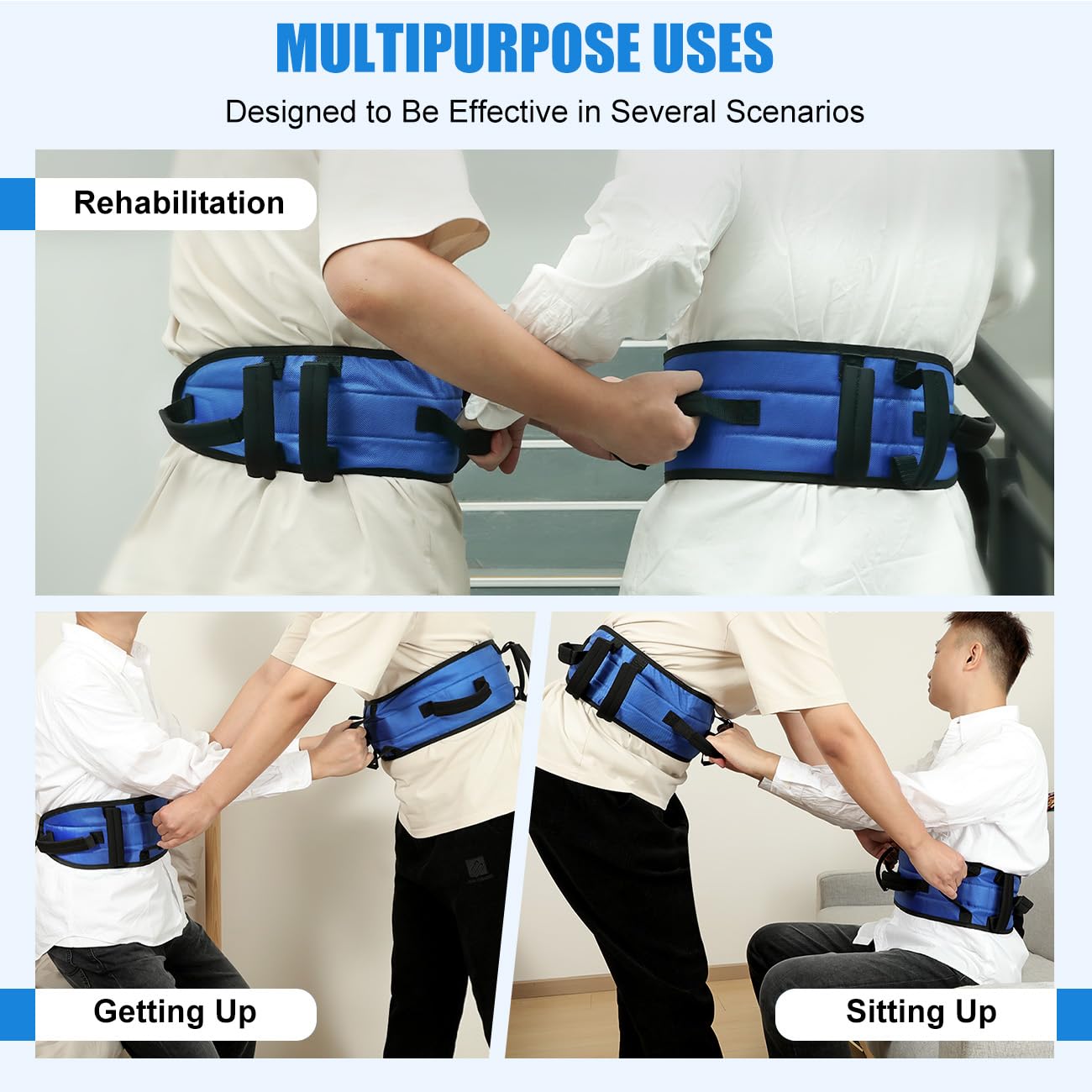 Gait Belt for Senior with 7 Handles, Rhino Valley 59" Anti-Slip Gate Belts Medical for Elderly, Transfer Belt with Quick Release Buckle, Elderly, Physical, Handicap, Bariatric Therapy, Blue & Black