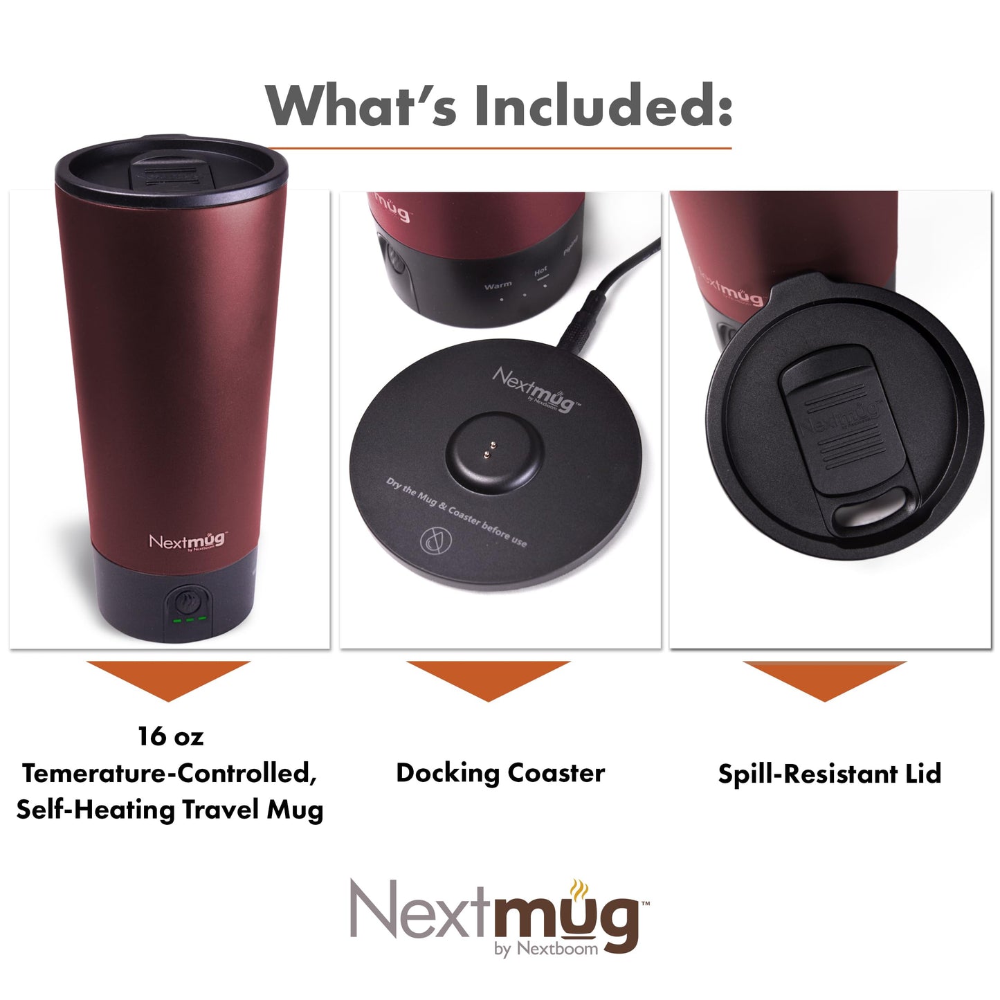 Nextmug Go - Temperature-Controlled, Self-Heating Travel Mug (Burgundy - 16 oz.)