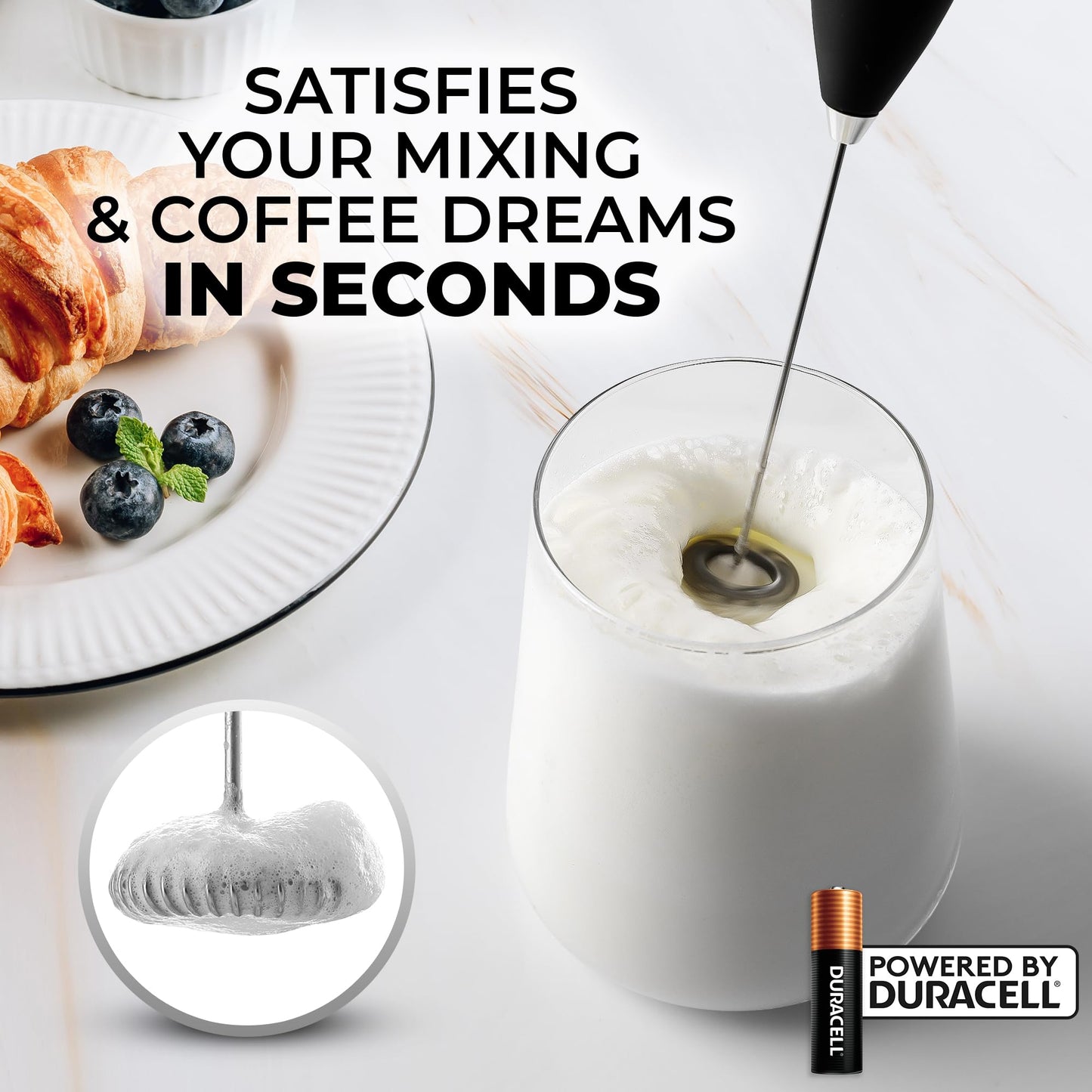 Zulay Kitchen Powerful Milk Frother Wand With 2 Duracell Batteries - Ultra Fast Handheld Drink Mixer - Electric Whisk Foam Maker for Coffee, Lattes, Cappuccino, Matcha, Hot Chocolate & Creamer - Black