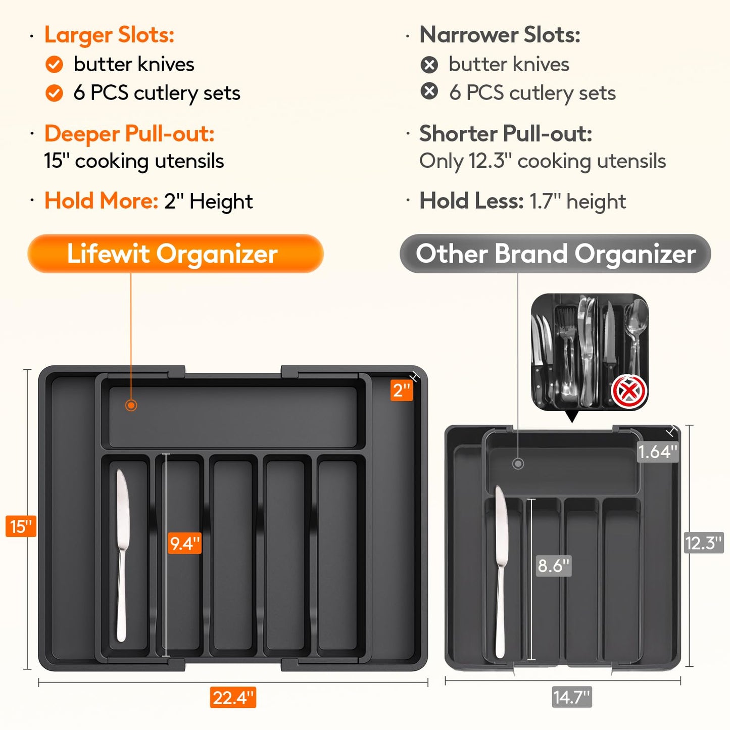 Lifewit Large Silverware Drawer Organizer, Expandable Utensil Tray for Kitchen, BPA Free Flatware and Cutlery Holder, Adjustable Plastic Storage for Spoons Forks Knives, Large, Black