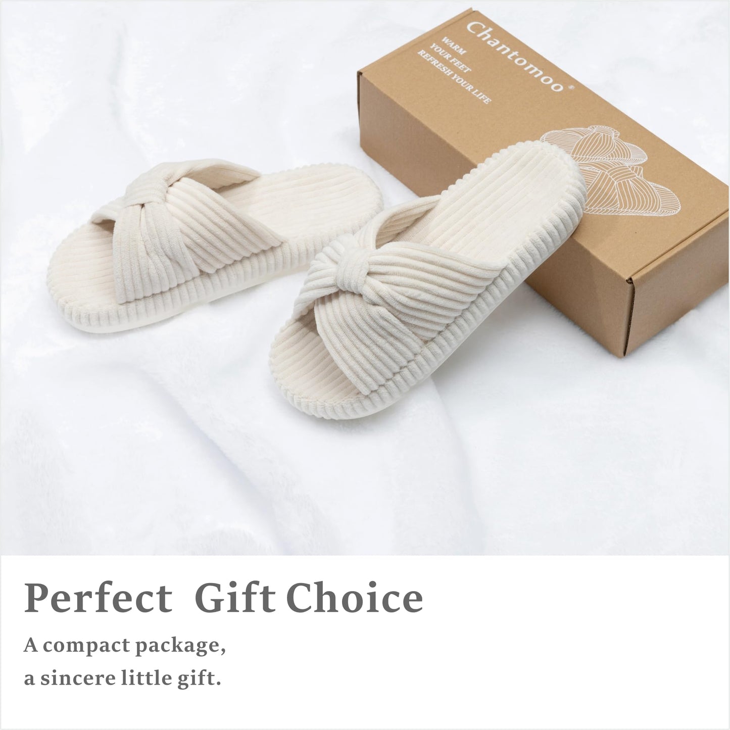 Chantomoo Slippers for Women Memory Foam House Bedroom Corduroy Bow Crossbands Slide Slipper Shoes Comfy Trendy Gift Slippers Beige Size7 8 6.5