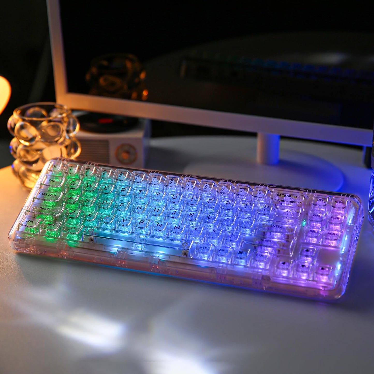 YUNZII X71 Wireless Hot Swappable Transparent Mechanical Keyboard with Clear Keycaps, 68% Layout, BT5.0/2.4G/USB-C Gasket Mount Wireless RGB Backlit for Windows/Mac(Crystal Ice Switch,Pink)