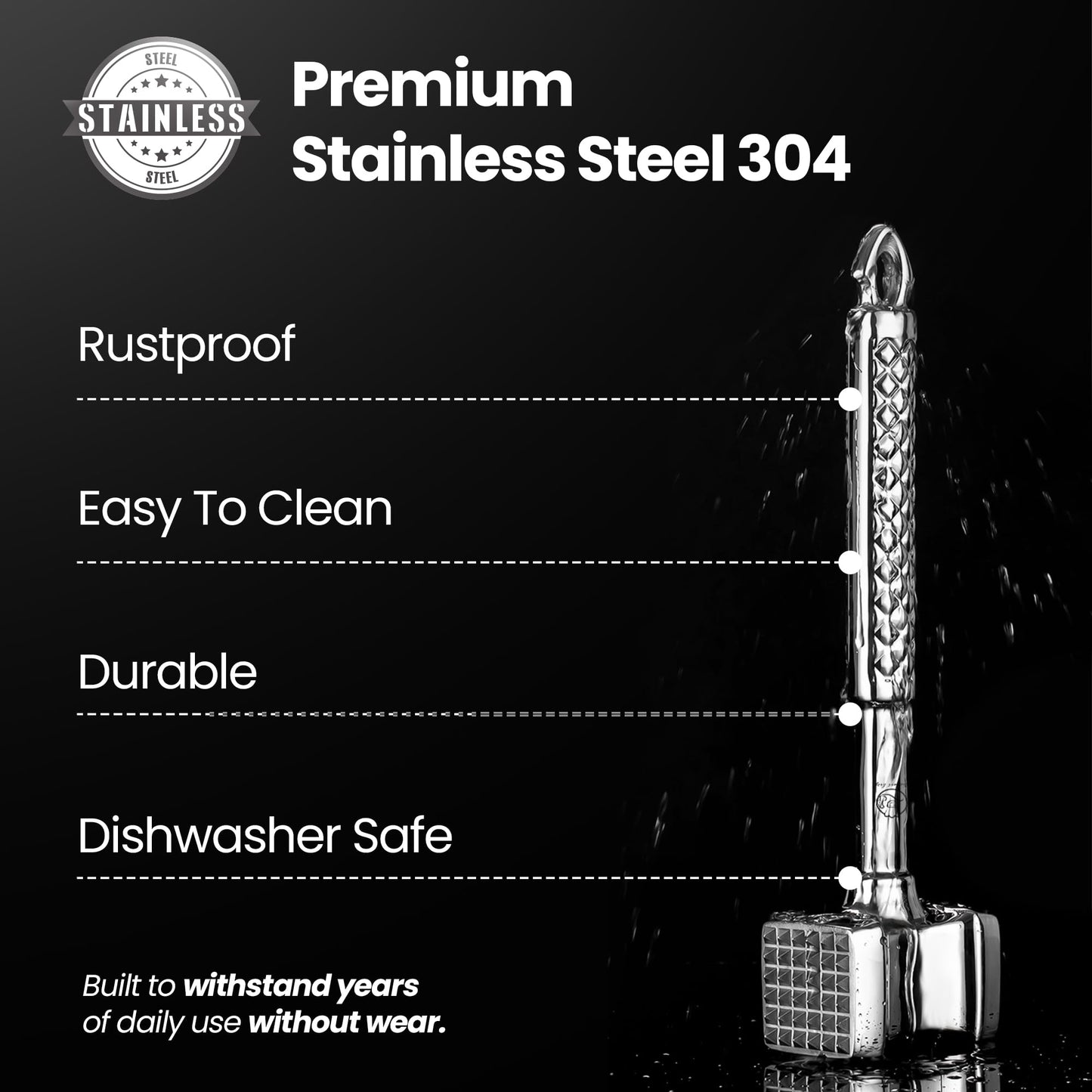 Meat Tenderizer Mallet Stainless Steel, Premium Meat Hammer Tenderizer, Kitchen Mallet for Chicken, Conch, Veal Cutlets & Beef, Steak Pounder Flattener, Non-Slip Grip with 5 years Warranty