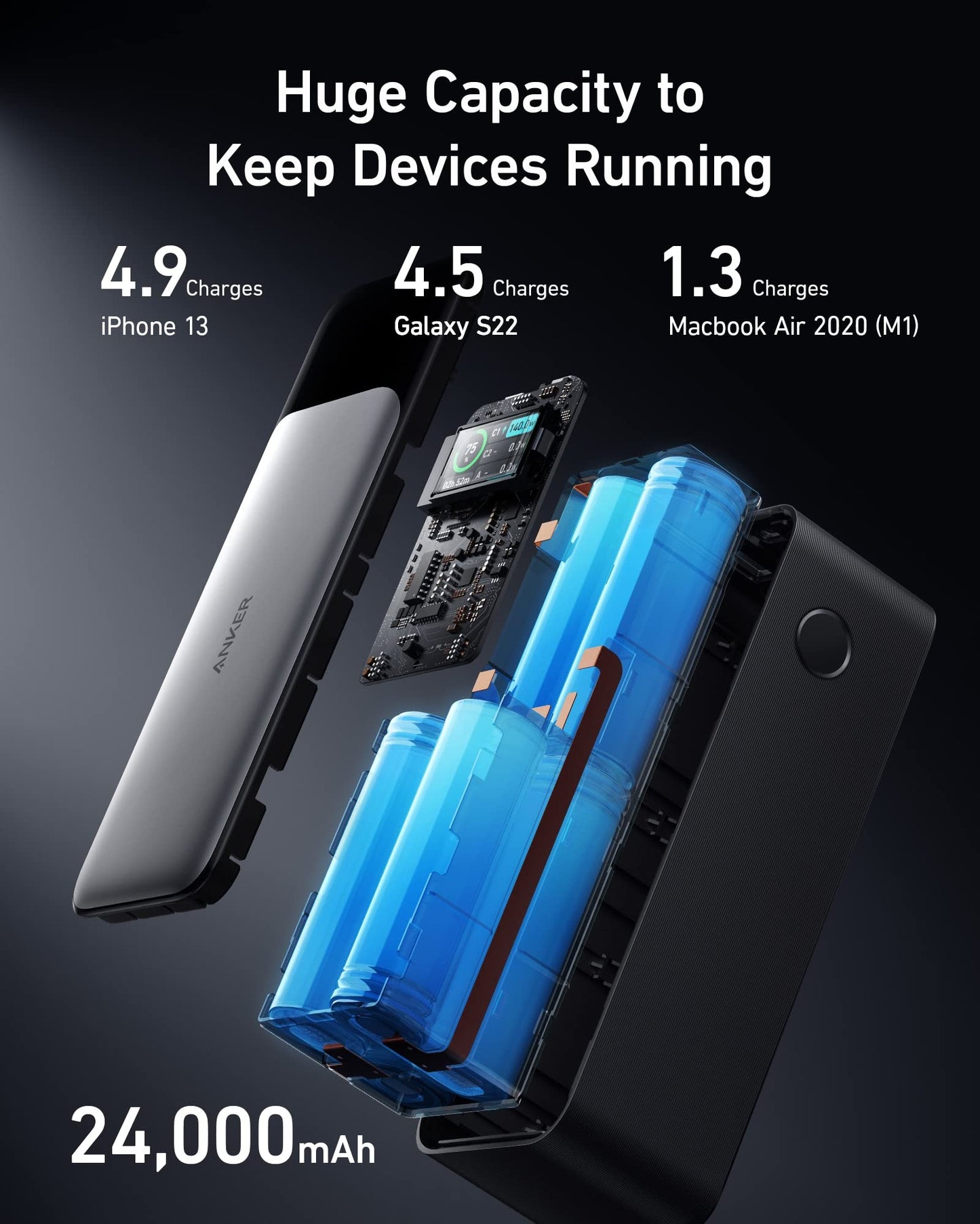 Anker 737 Power Bank, 24,000mAh 3-Port Laptop Portable Charger with 140W Fast Charging, Smart Display, for Outdoor Work, Compatible with iPhone 16/15/14 Series, Vision Pro, Samsung, MacBook, and More