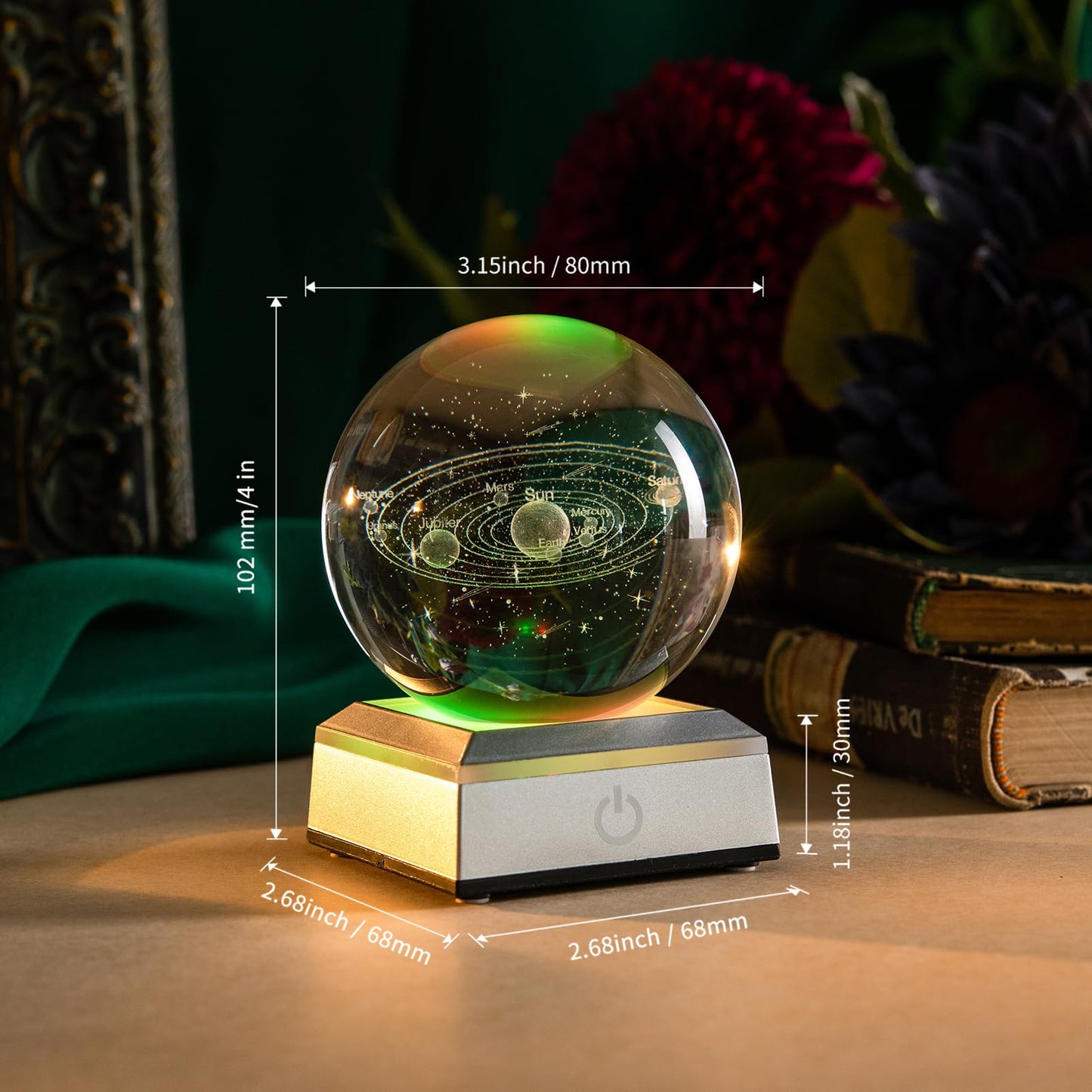 ERWEI 3D Solar System Crystal Ball with Laser Engraved Planets and LED Light Base - Science Astronomy Educational Space Gift for Kids
