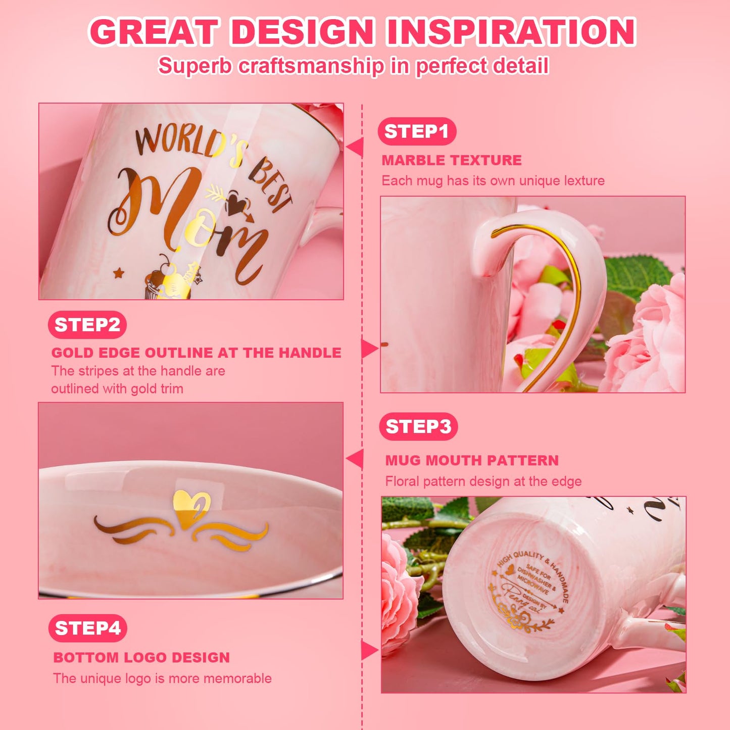 Mothers Day Gifts for Mom - Mom Birthday Gift from Daughter Son Kids - Unique Birthday Gifts Ideas for New Mother Wife Women - Marble Ceramic Coffee Mug Gift Box Printed Gold