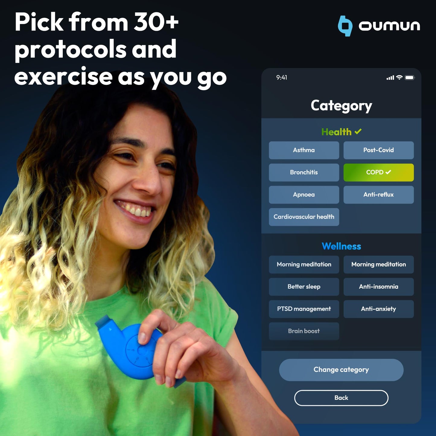 Oumua Smart Breathing Trainer | Lung Trainer with AI-Powered Oumua App | Lung Exerciser Device 30+ Training Protocols to Improve Wellbeing and Athletic Perfrormance